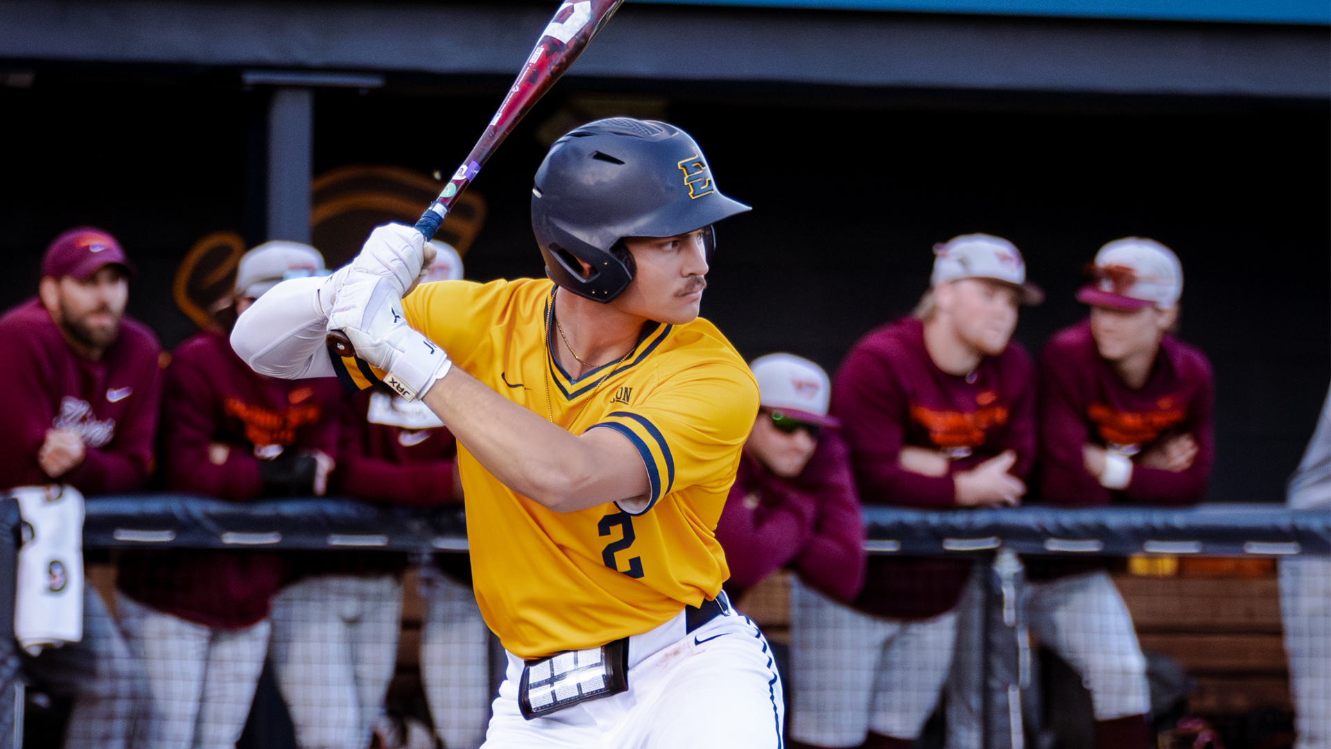 Henry Ferguson readies for a pitch in a game against Virginia Tech