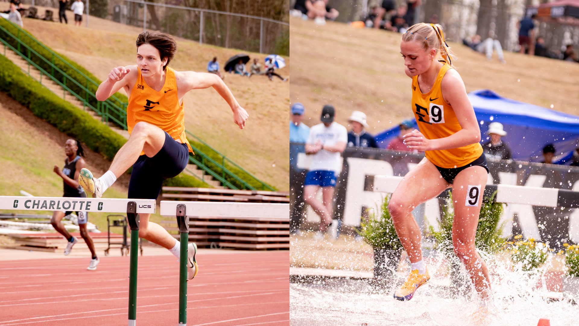 On the left, Milo Willets leaps over a hurdle in his blue and gold track uniform during a sprint. On the right, Kendall Johnson in a blue and gold track uniform leaps over a barrier into water during a distance race.