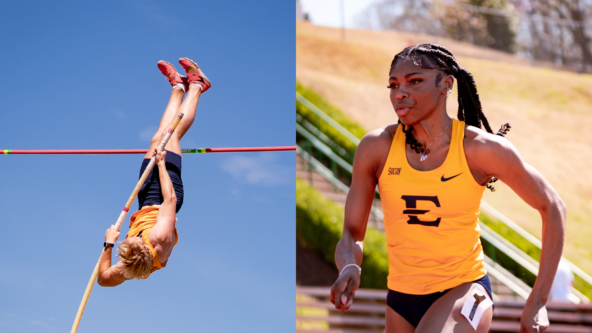 On the left, Gavin Deery attempts the pole vault, his blond hair obscuring his face as he rises to the bar. On the right, Micailah Cook competes in a sprint race on a sunny day.