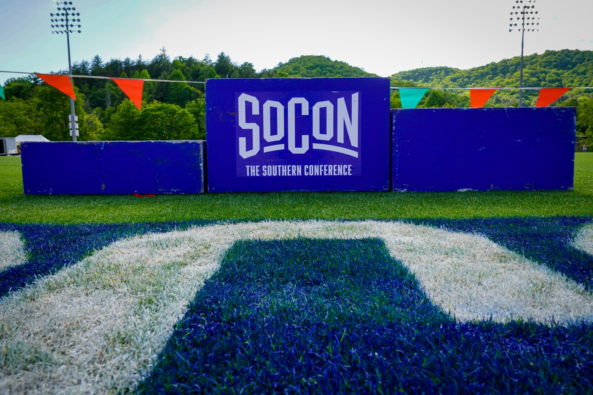 A blue podium with the SoCon logo emblazoned across the front of the top step.