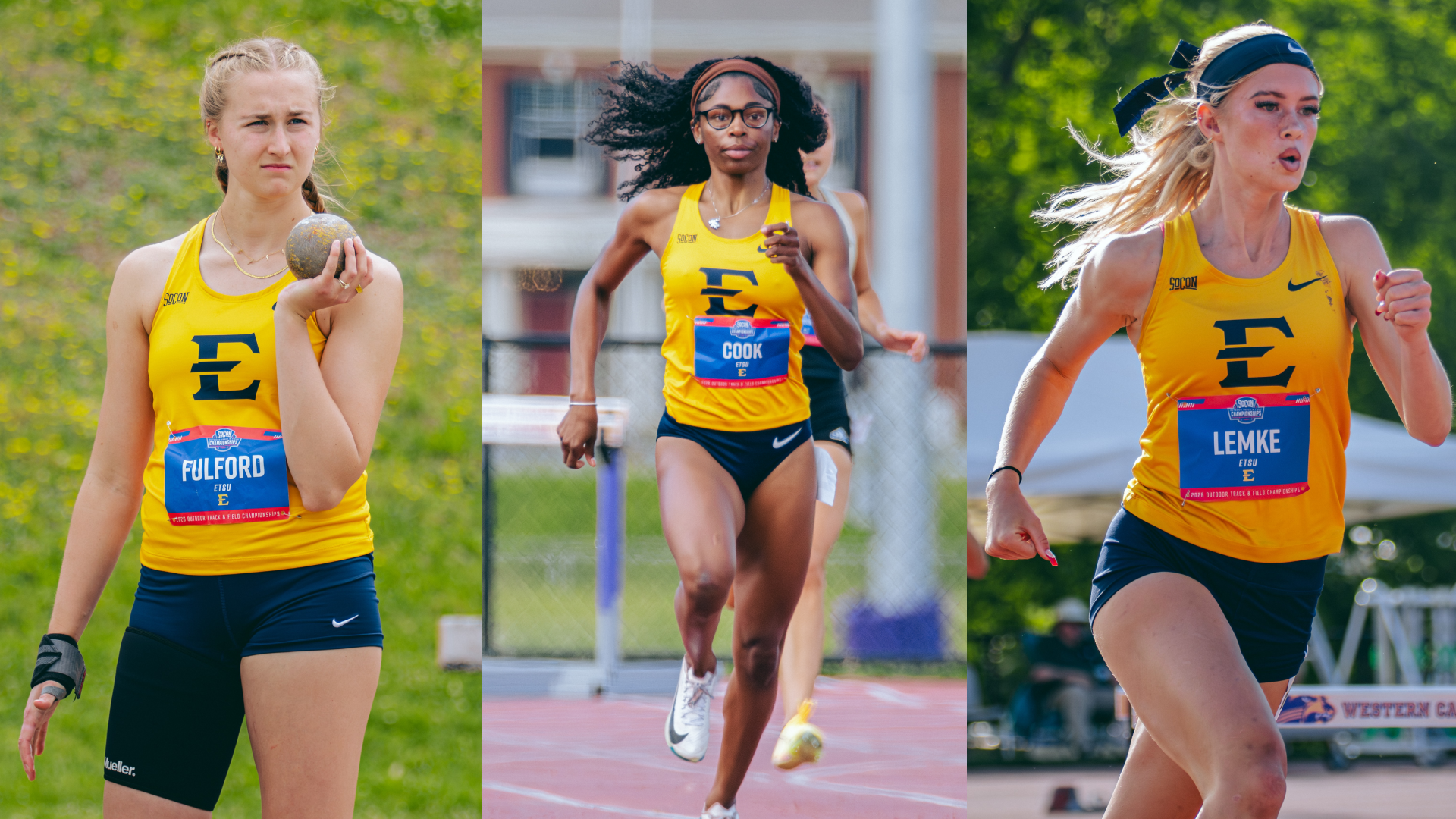 On the left, Brianna Fulford holds a shot put as she prepares for her next throw. In the center, Micailah Cook runs toward the viewer as she competes in a sprint race. On the right, Katelynn Lemke runs between hurdles in the 400 meter hurdle race.