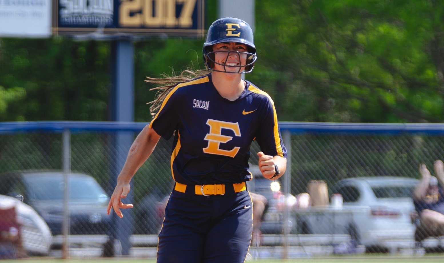 Whitney Boone in the base path smiling after hitting a home run in the second game of the series versus Samford on April 24, 2026.