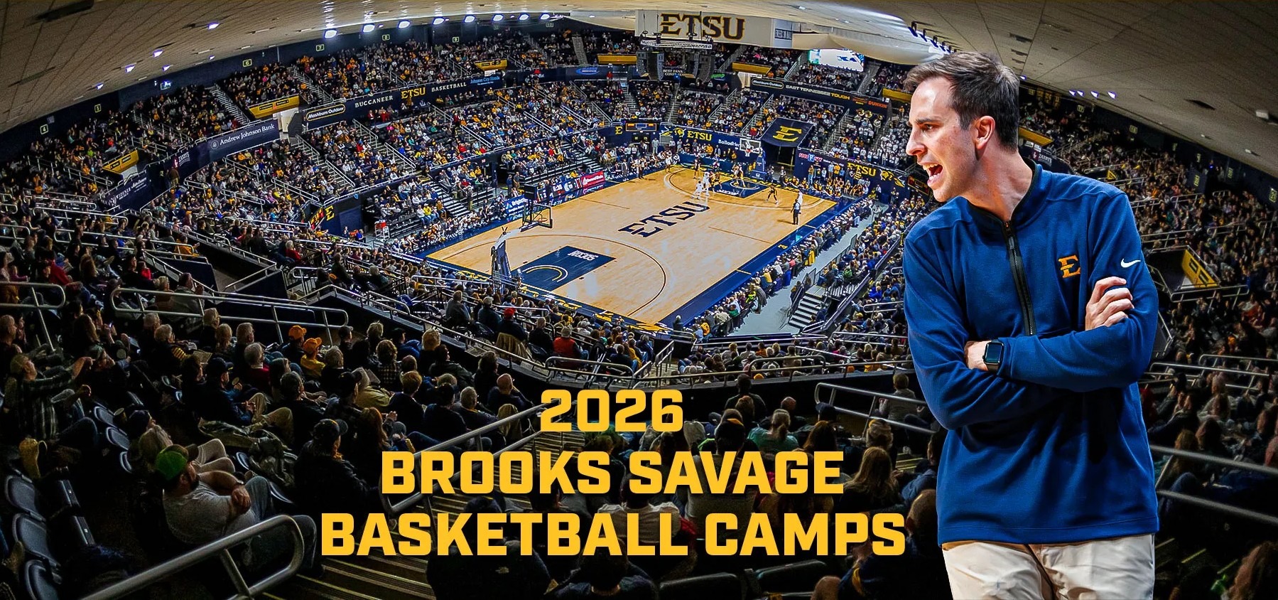 Brooks Savage is superimposed on the right side of a wide-angle shot of Freedom Hall filled with fans during a basketball game. At the bottom, text reads 
