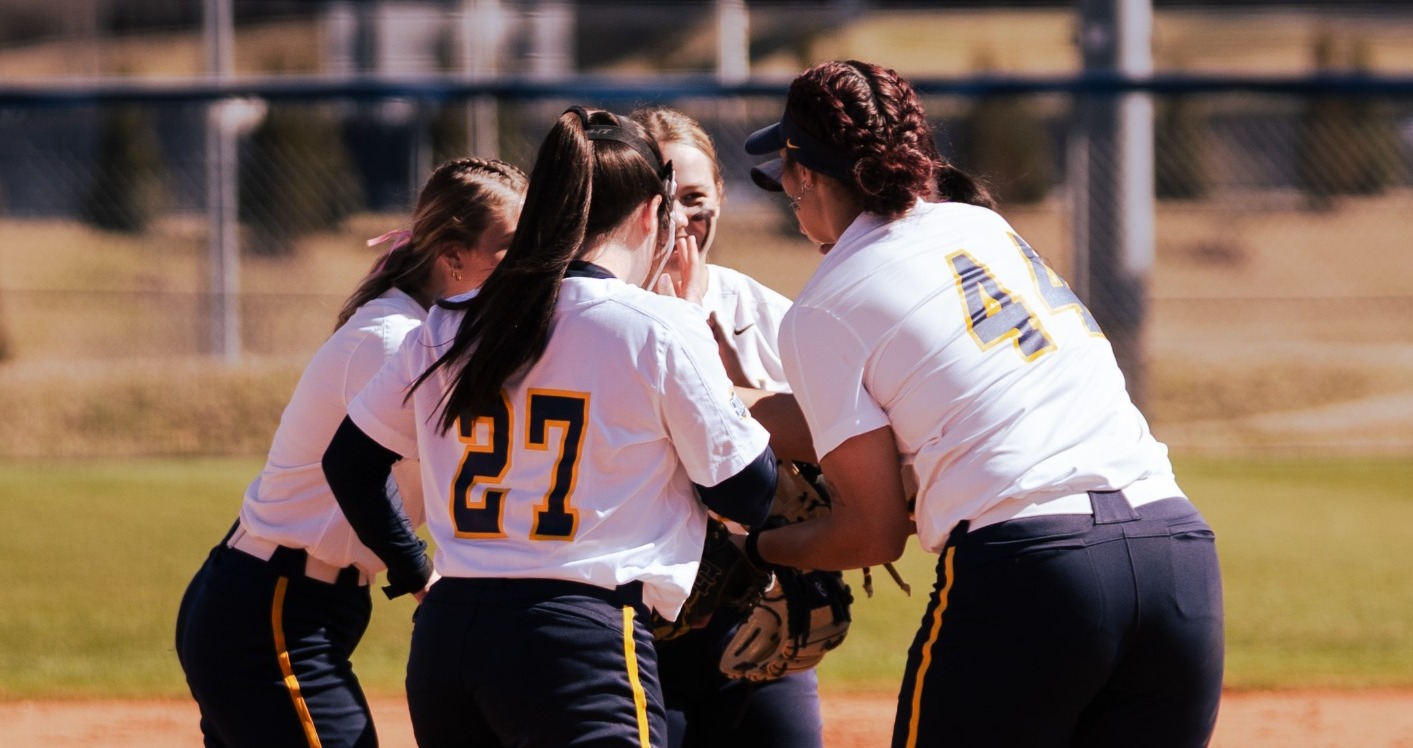 An image of a team huddle on the pitchers mound during the first game of the Alabama A&M doubleheader on February 28, 2026.