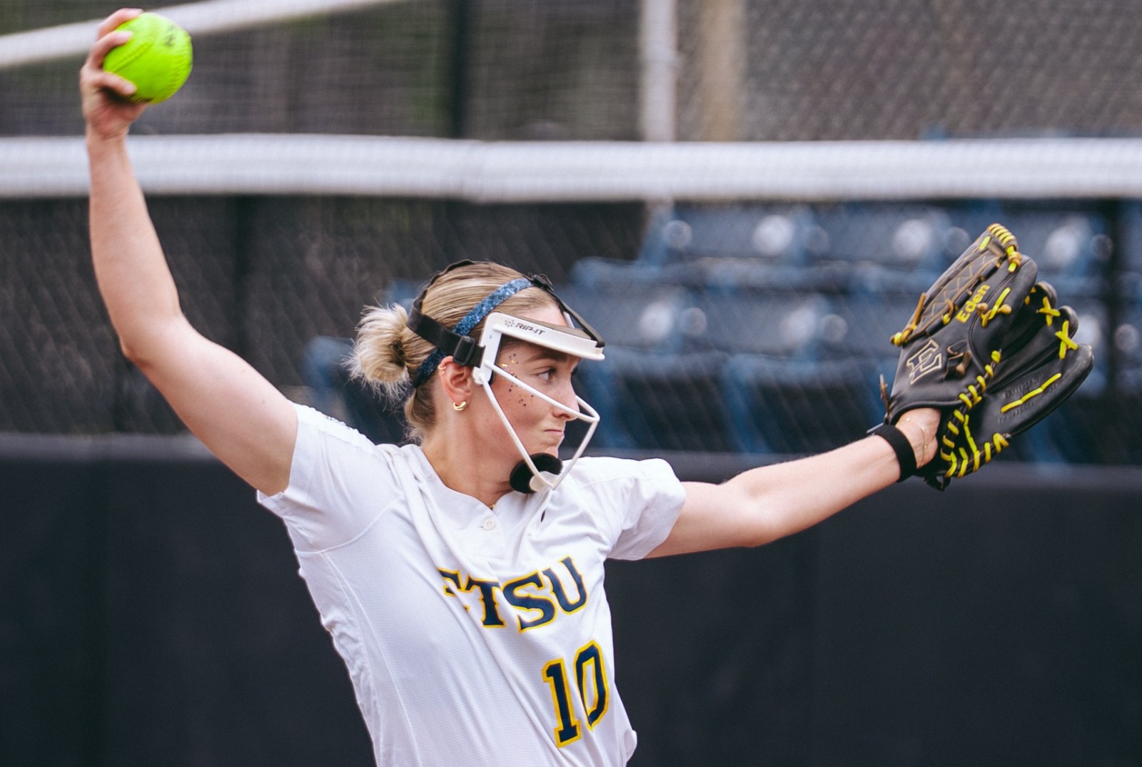 Softball's Eden Muncy mid-pitch during her complete-game no-hitter versus No. 7 seed Mercer in the SoCon Tournament for the 7-0 win
