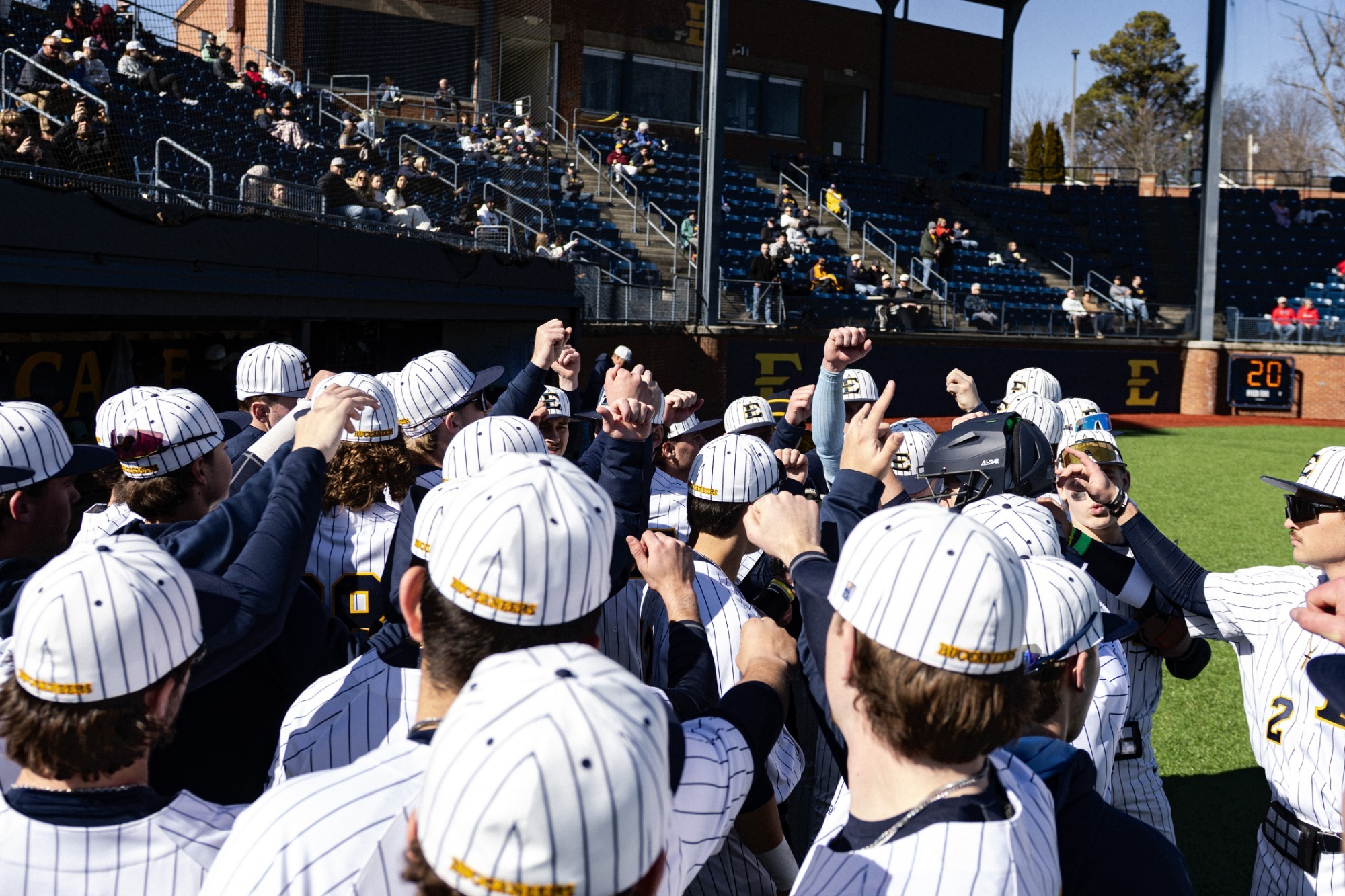 The 2026 ETSU Baseball Team huddles up before a game against Marist