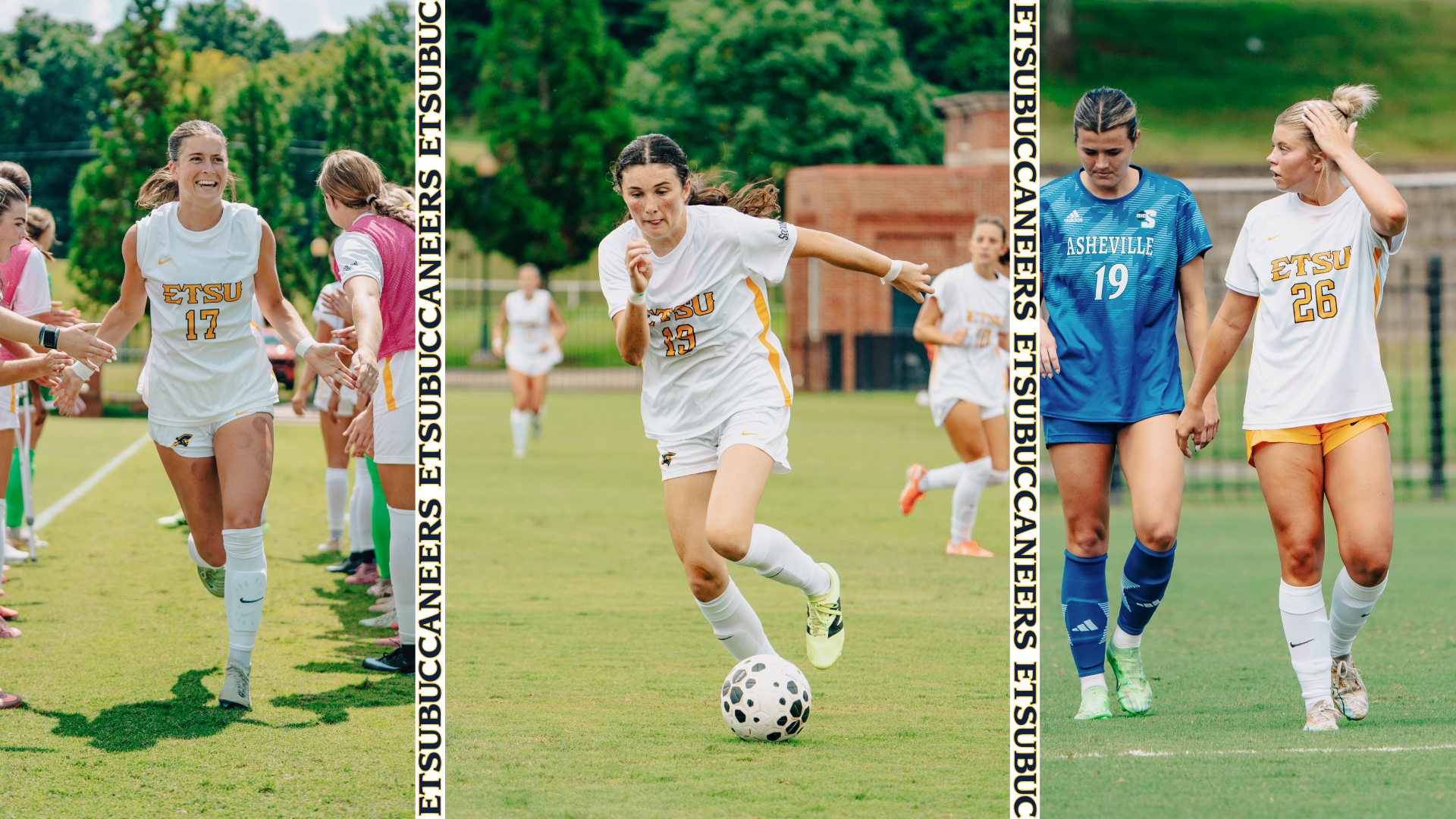 A collage of images of ETSU women's soccer players in their white home uniforms. On the left, Georgia Shields runs through a tunnel created by her teammates before a game. In the center, Reagan Fitzgerald prepares for a pass. On the right, Ella Parker walks alongside a player from an opposing team during a lull in play.