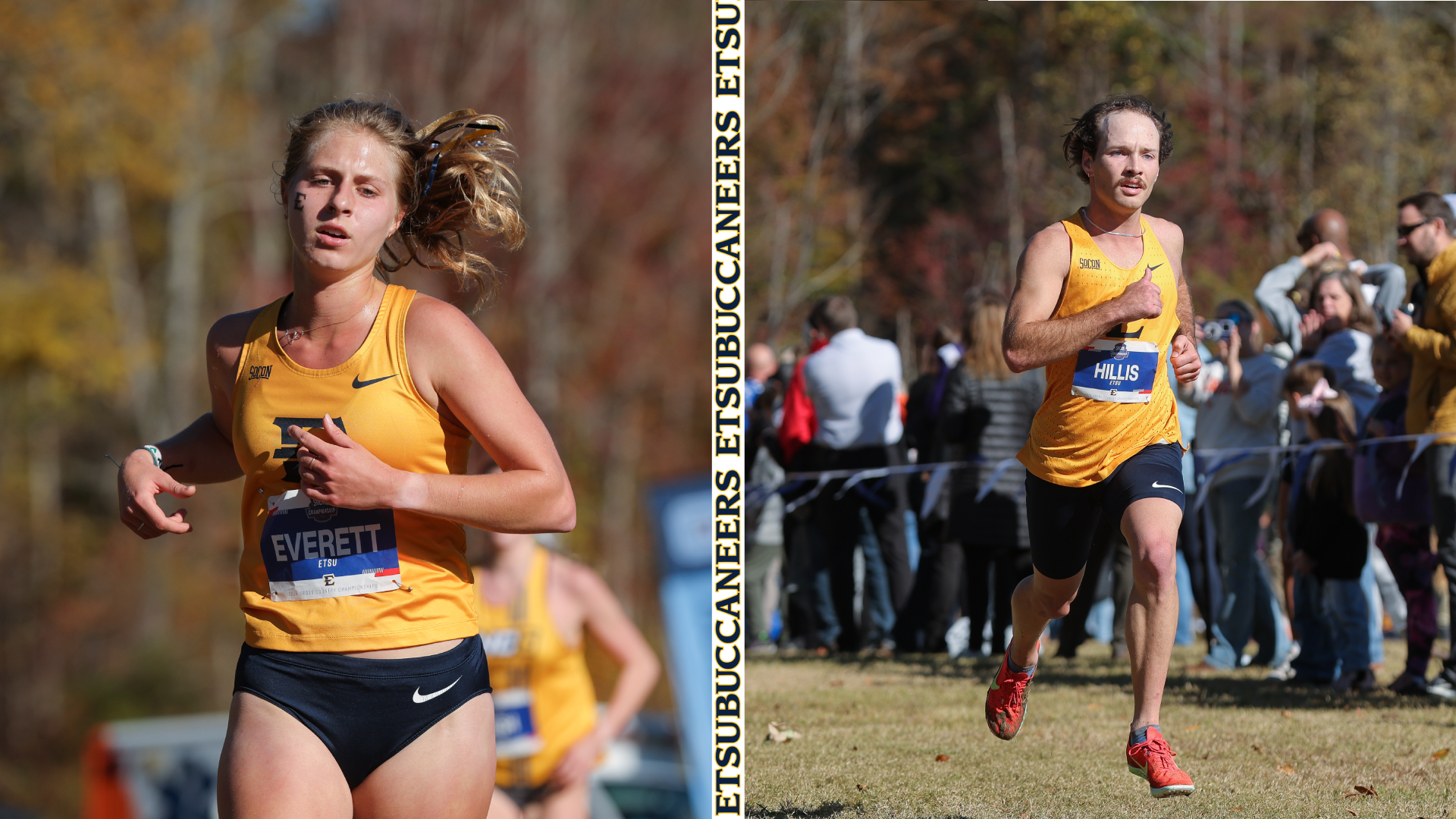 A split image with a medium shot of Eliza Everett on the left and a full shot of Nate Hillis on the right as they run in a cross country race in Mill Springs, North Carolina.