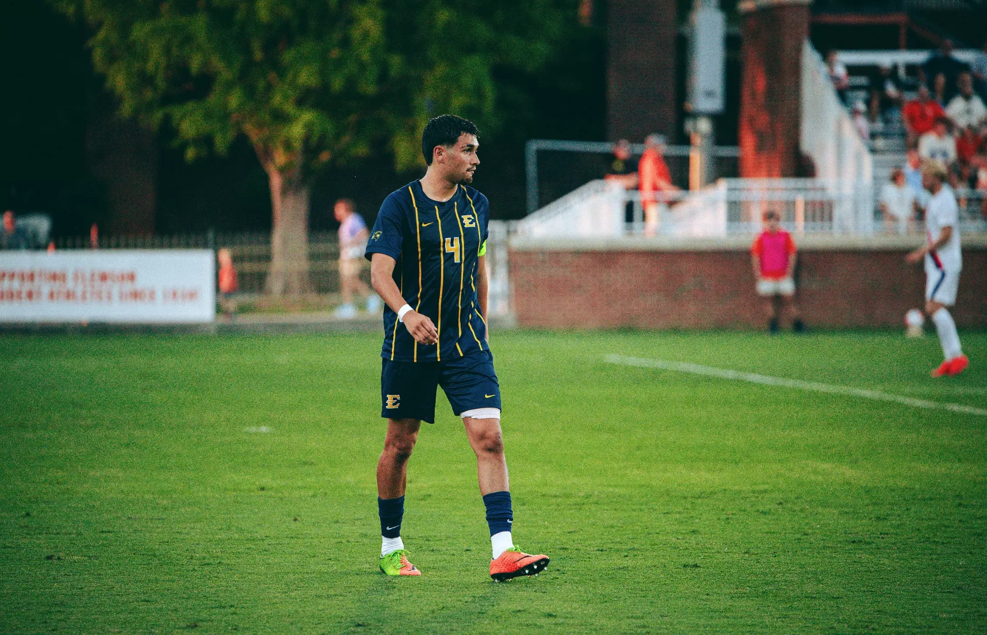 Hugo Martinez walks toward his center back position during a stoppage in play in a soccer match at Clemson.