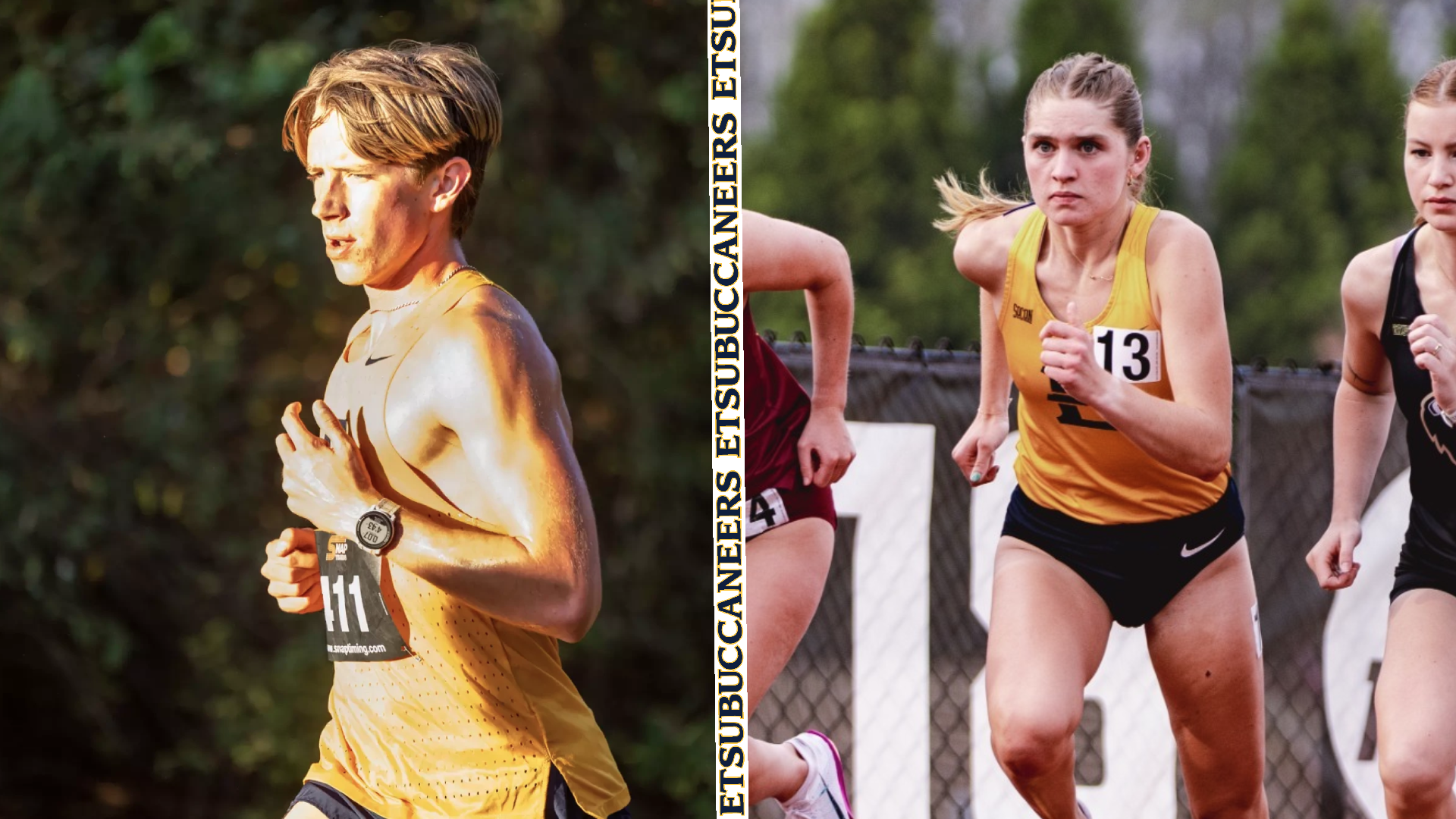 On the left side of a split screen image, Garrett Hawkins runs into the setting sun during a cross country race. On the right side, Deena Ludtke runs in a sprint at the start of a distance race with a determined expression.