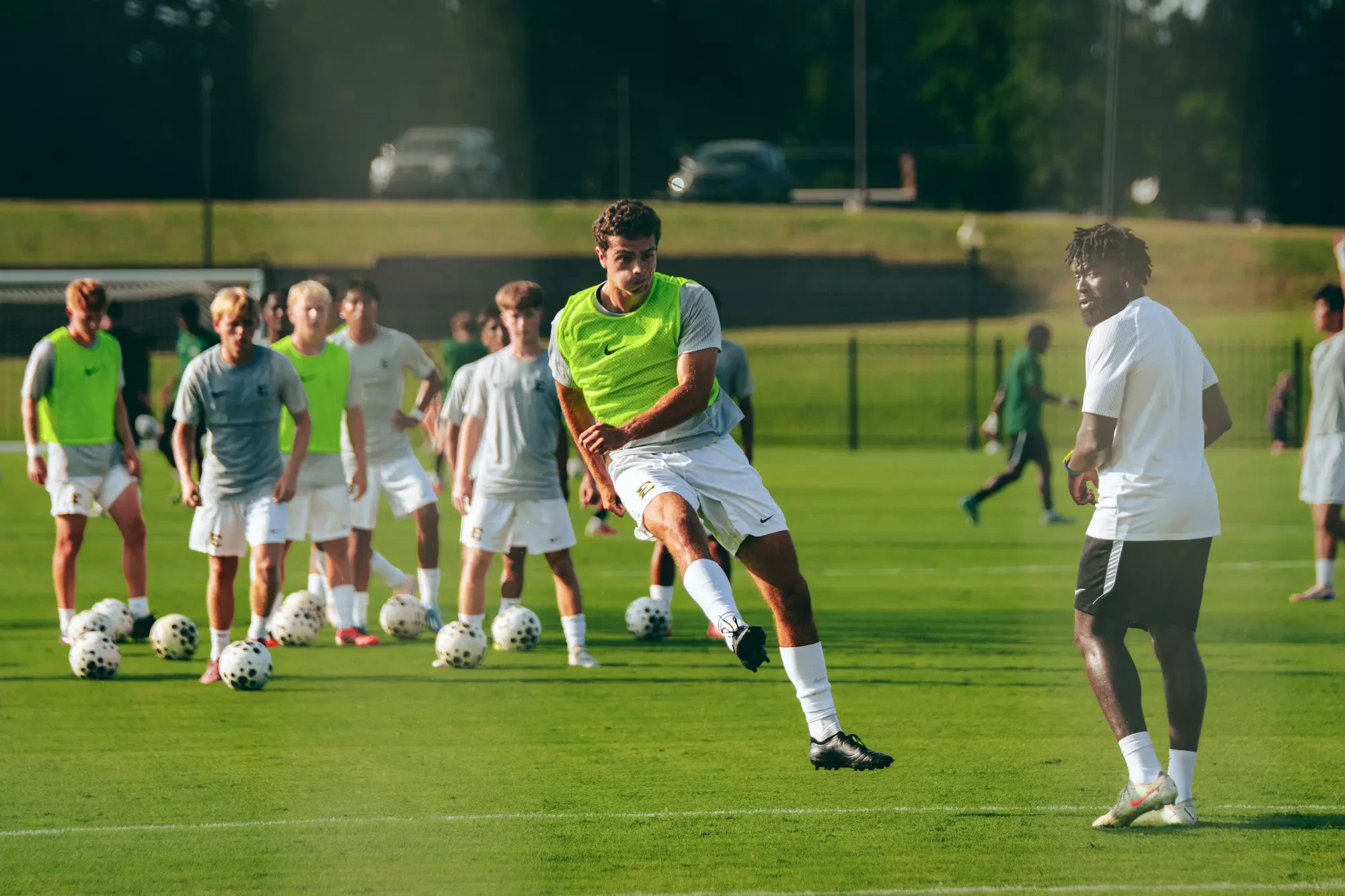 Koke Gracia fires a shot with his right foot during warm-ups before a soccer match against USC Upstate.