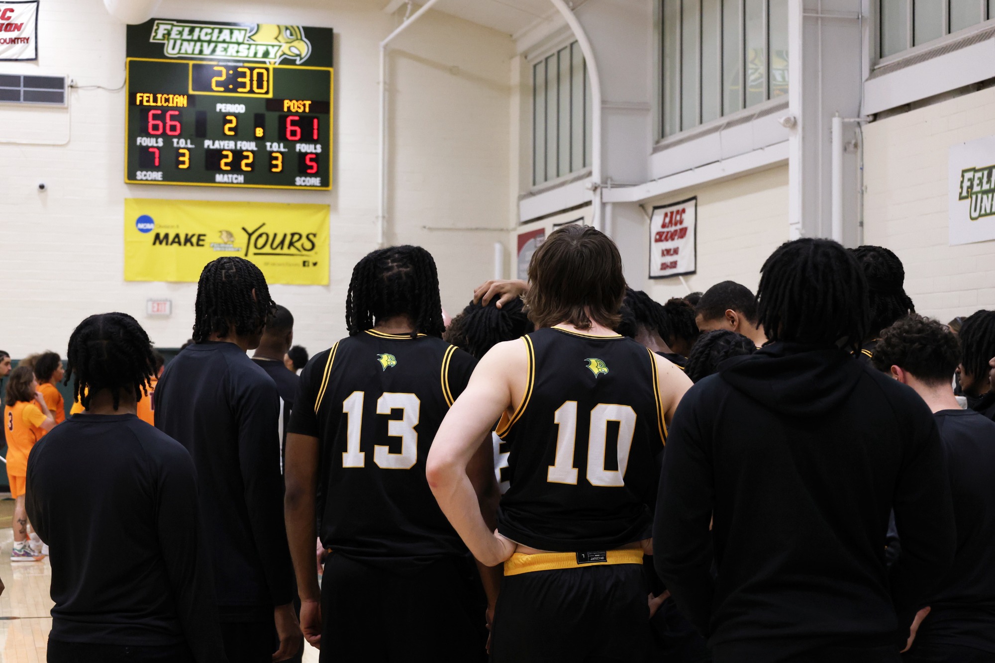 Team huddle during a timeout.