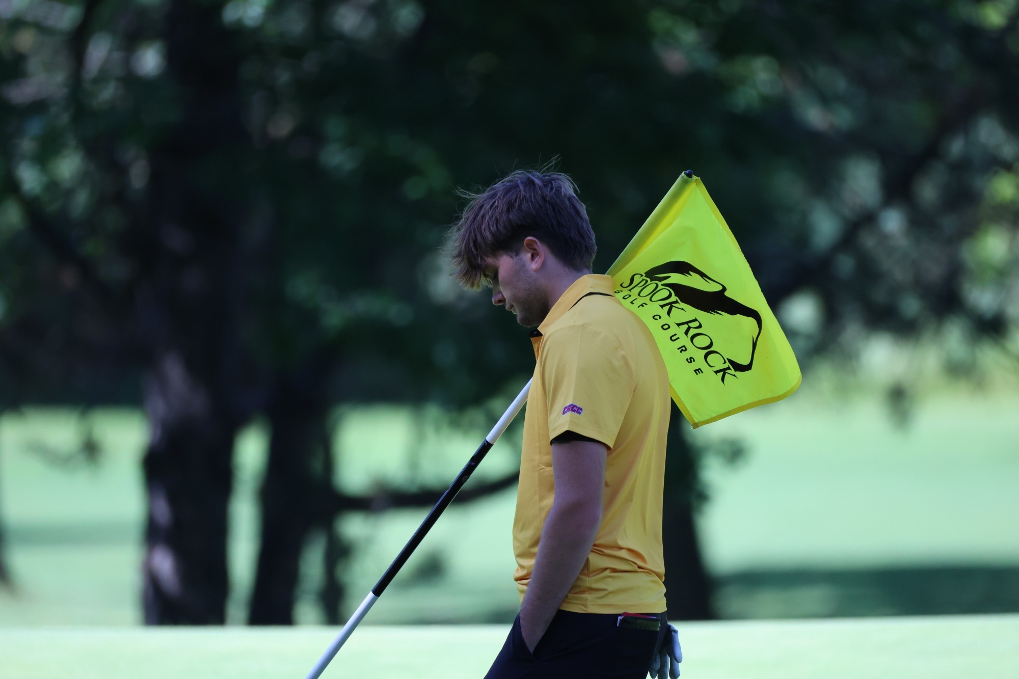 Men's Golf competing at Dominican Charger Challenge, Athlete holding pin flag on the green