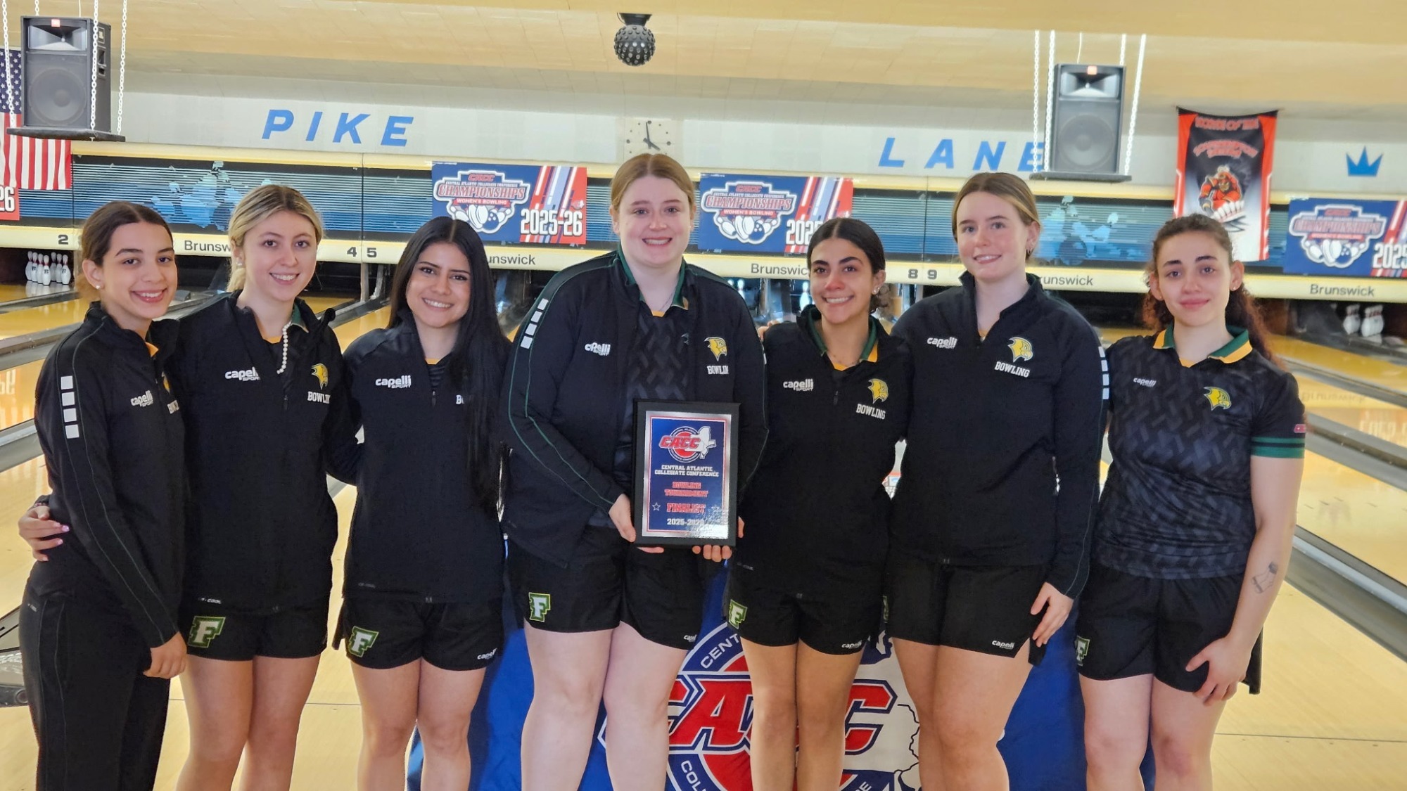 Felician Women's Bowling with second place plaque at CACC Championship