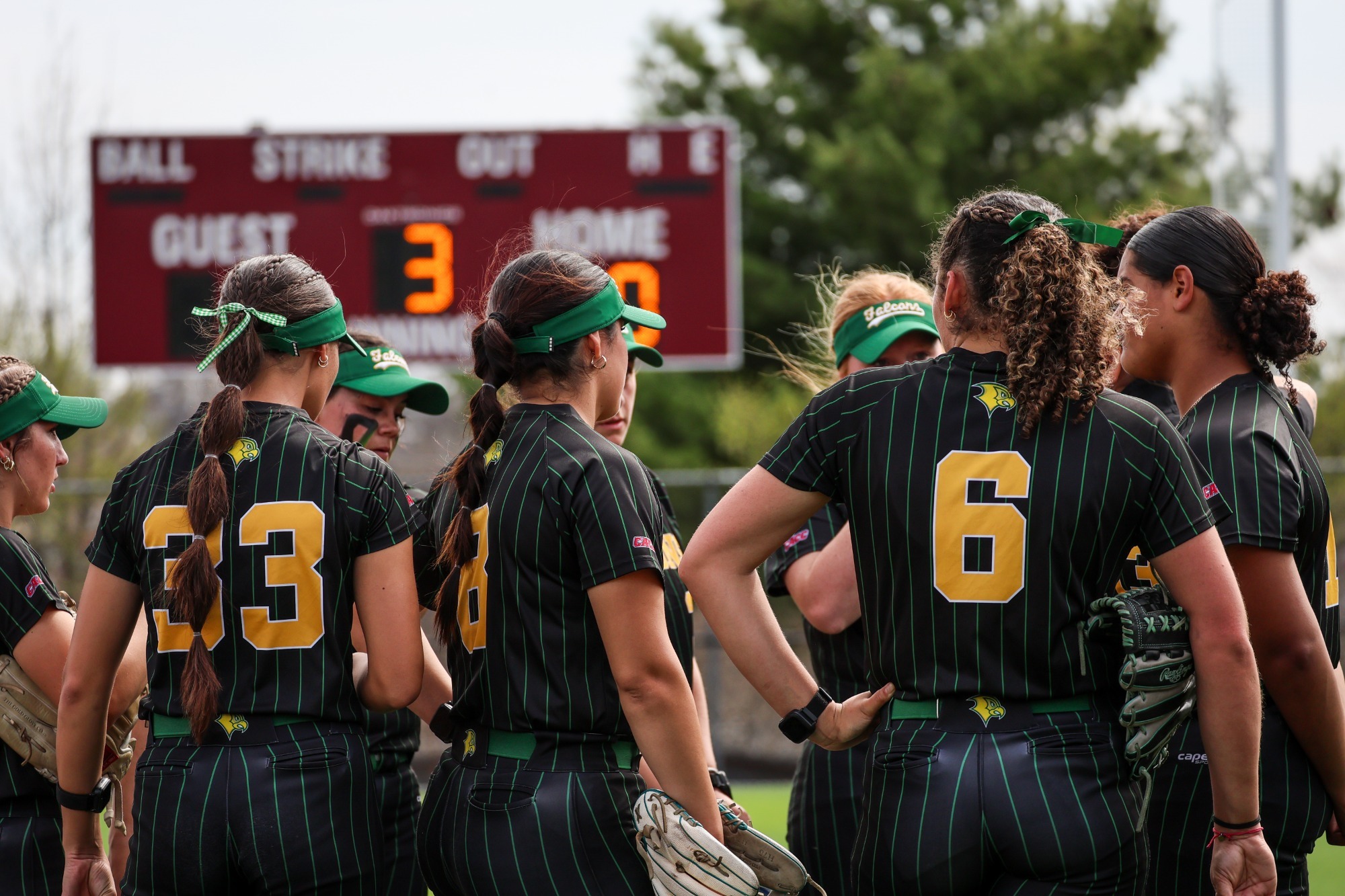 Team huddle in between innings.