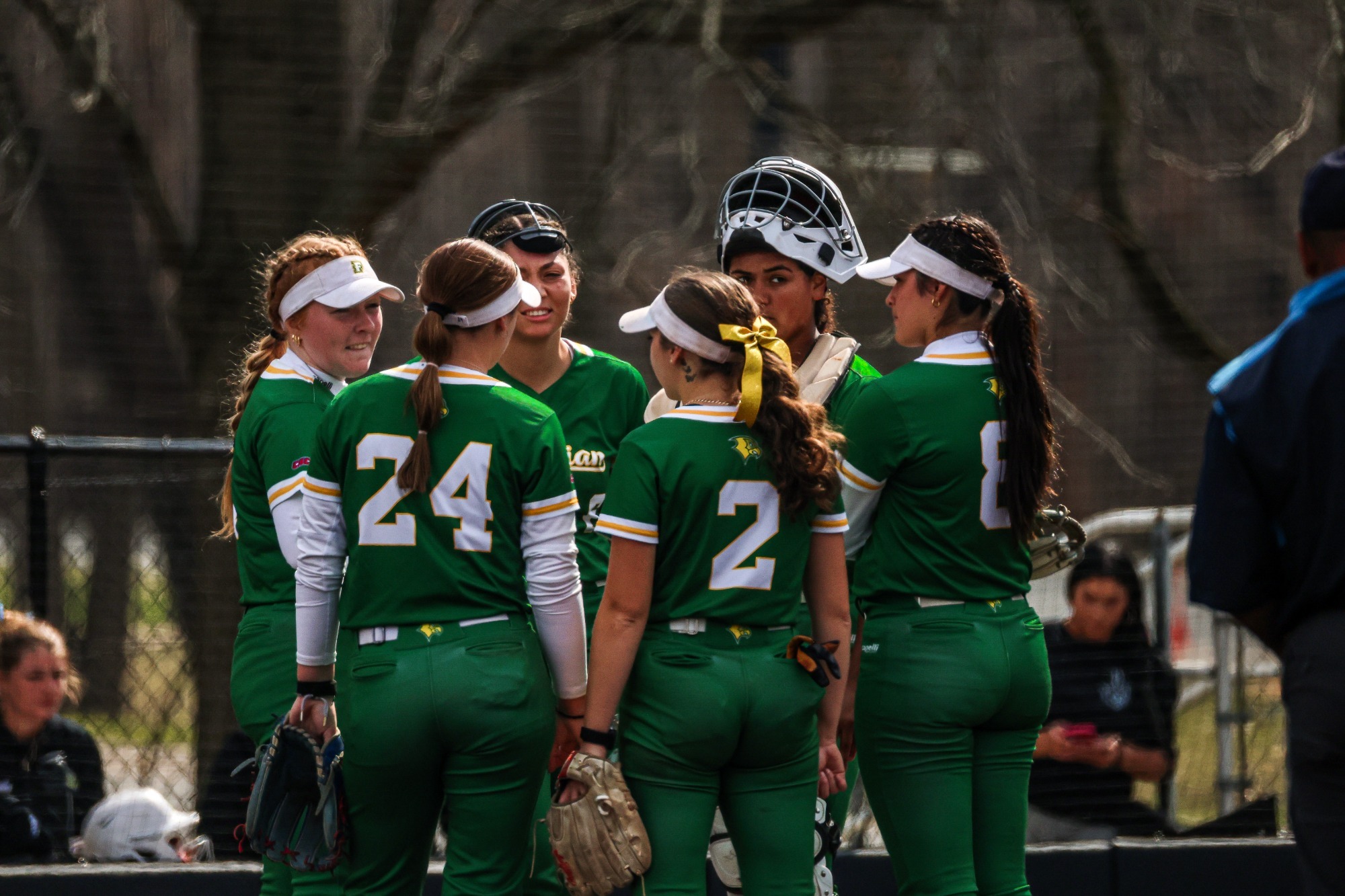 Team huddle in between innings.