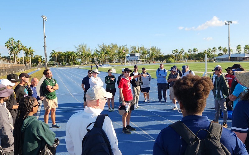 Coaches meeting at Dade-County Youth Fair HS Track Field Championship on March 17, 2023