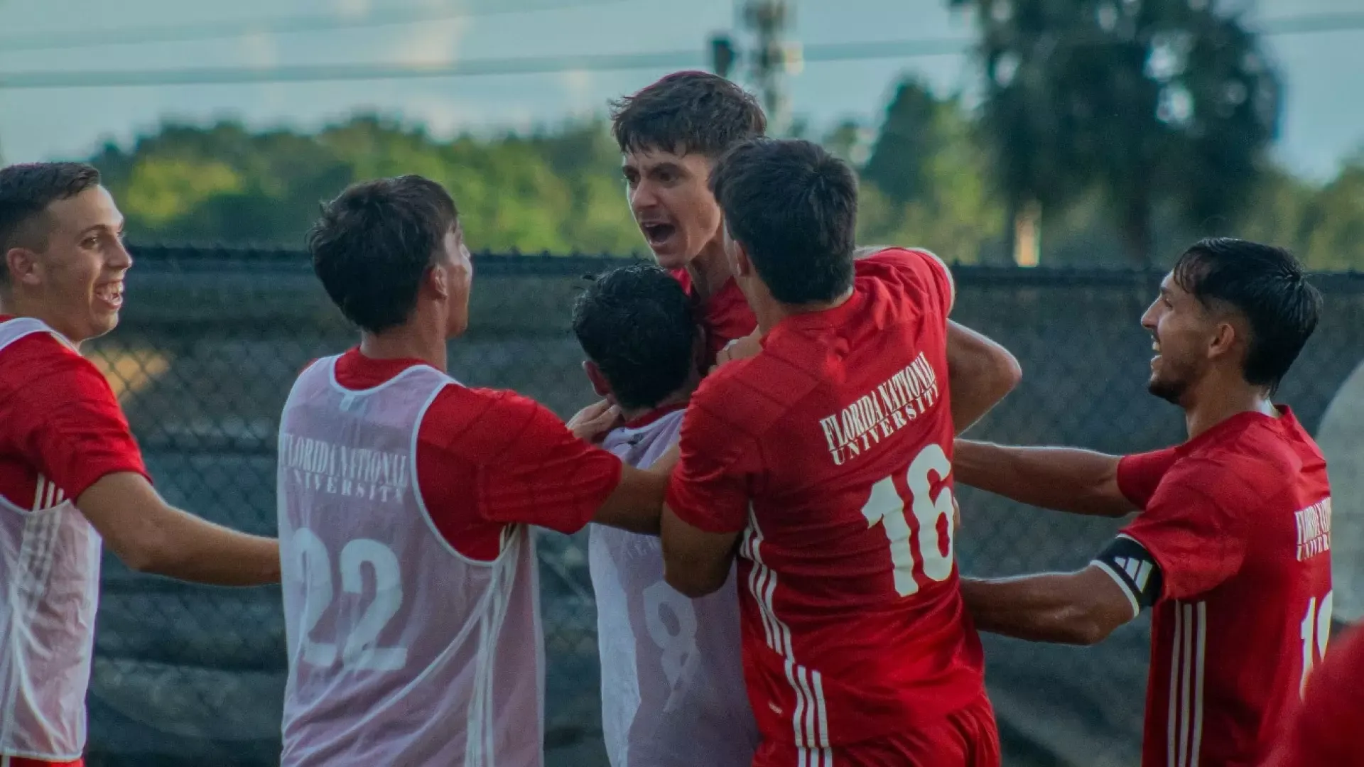 David Luque Rivero celebrating with teammates after goal against RV Southeastern University 2025