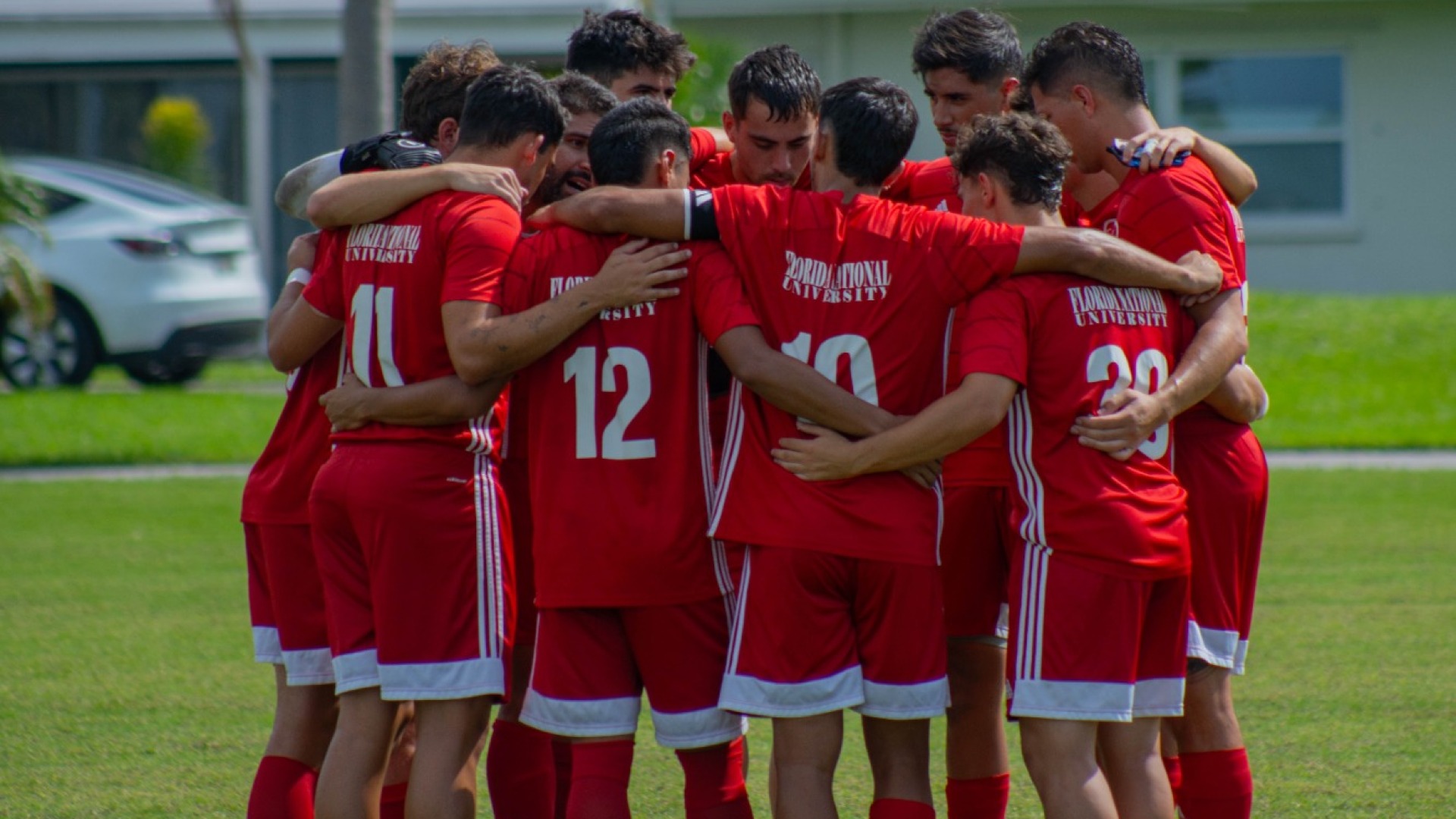 FNU men's soccer in a huddle before NCF game 2025