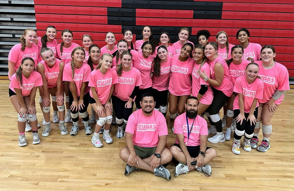 FNU women's volleyball coaches working with the New Smyrna Beach high school volleyball team on August 3rd, 2024