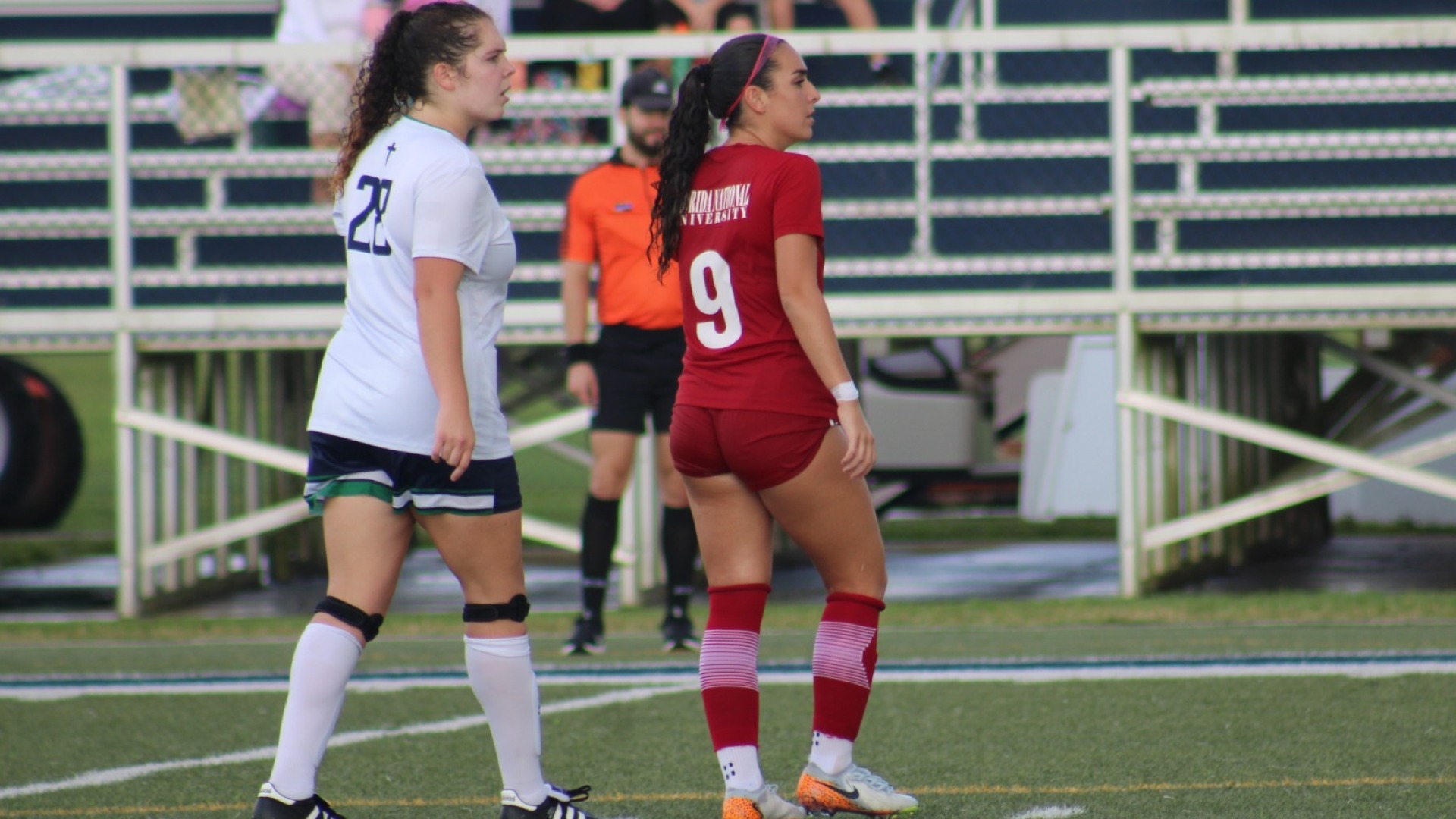 Natalya Laura Paula on the Ave Maria Soccer field looking for the ball.