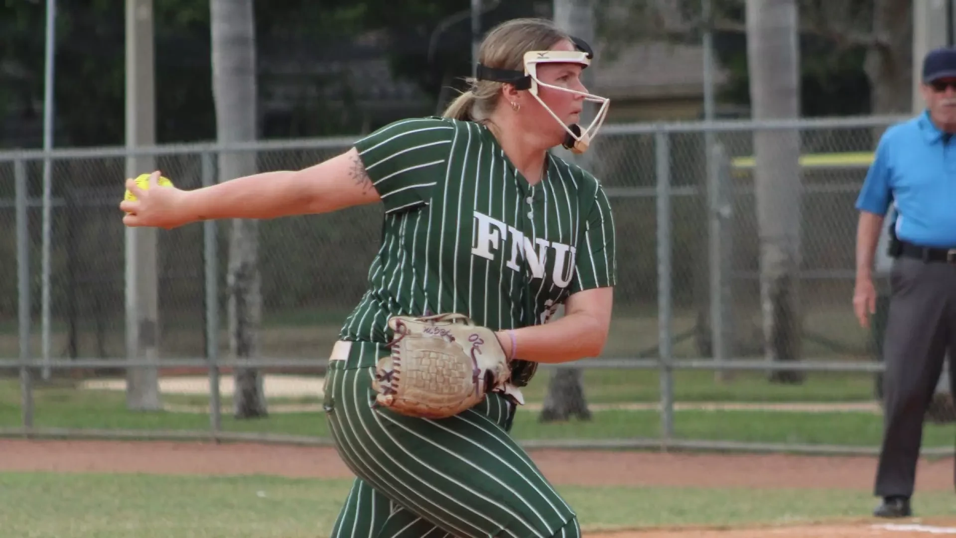Sophia White pitching at home versus Ave Maria University 2026