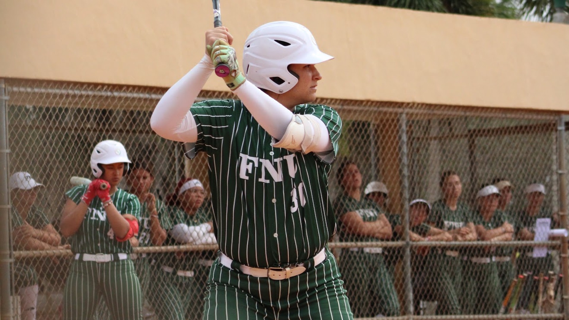 A close-up of an Alisha Lanyon at-bat against Florida Memorial University 2026