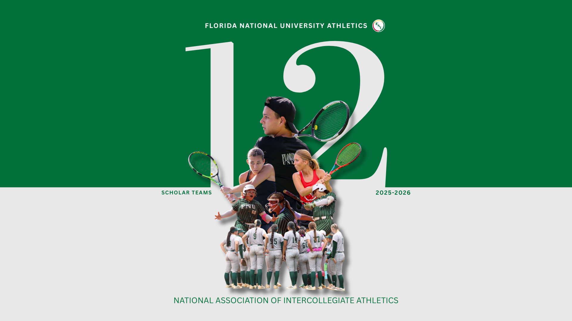 NAIA 2025-26 Scholar Team graphic featuring a collage of tennis and softball players in front of a green 12