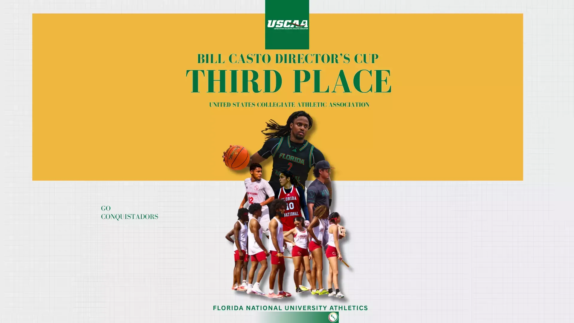 USCAA 2025-26 Director's Cup third place winner graphic, featuring 2025-26 athletes from men's soccer, men's and women's basketball and track.