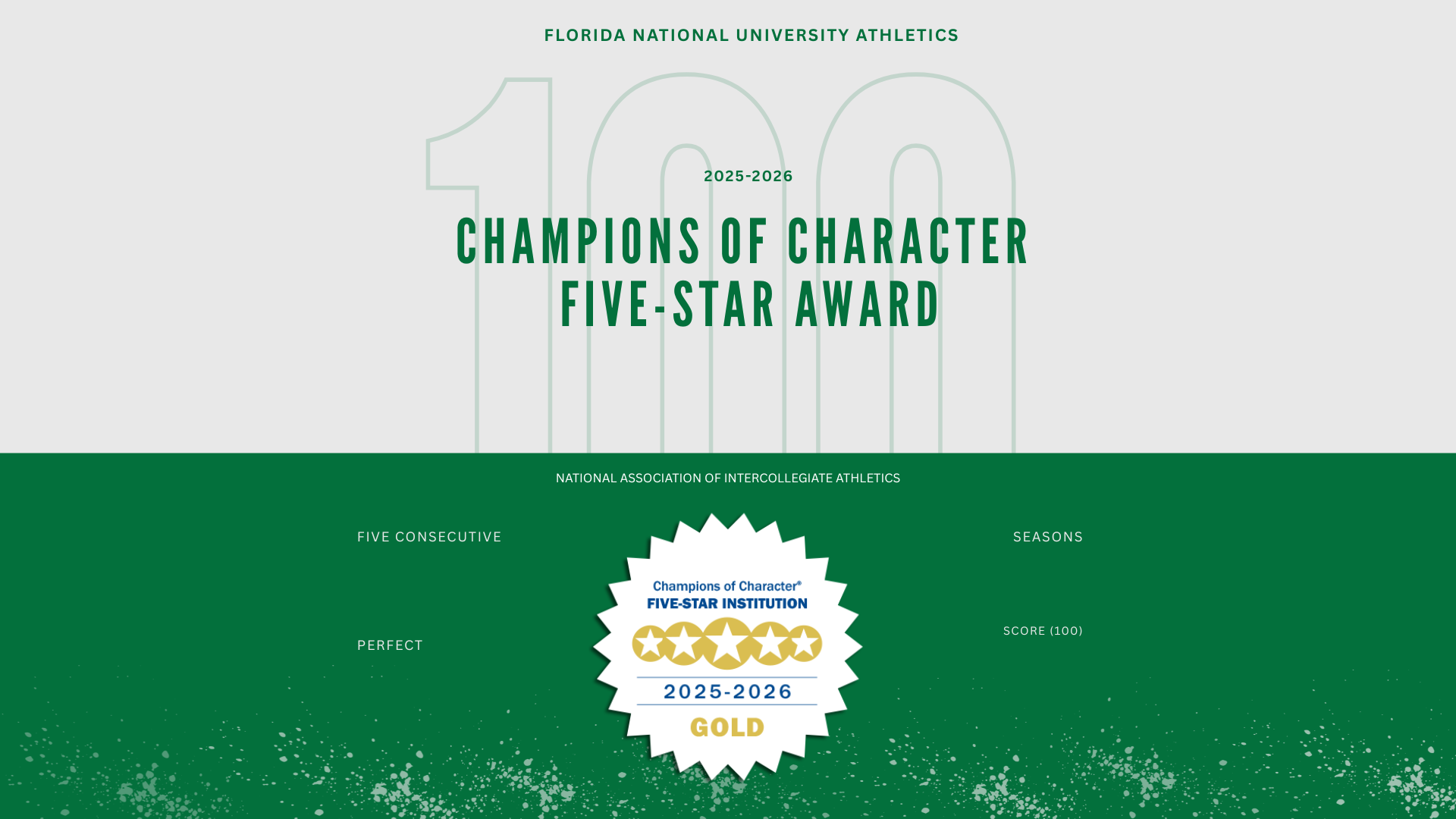 Florida National NAIA Gold Star award graphic with medallion logo and green background on top of a green 100