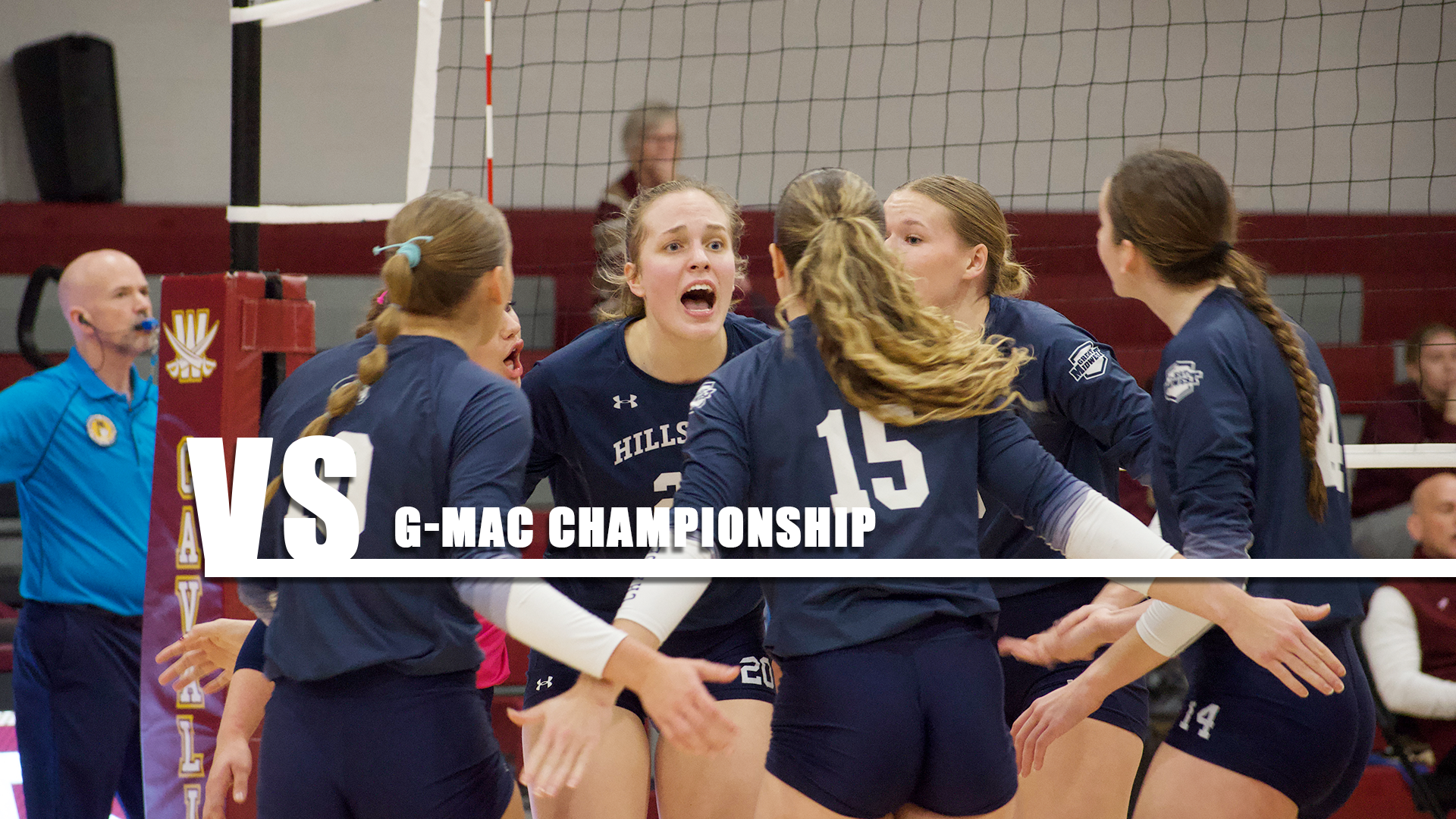 Hillsdale's players celebrate after winning a point in a G-MAC Quarterfinal match at Walsh on Nov. 18, 2025