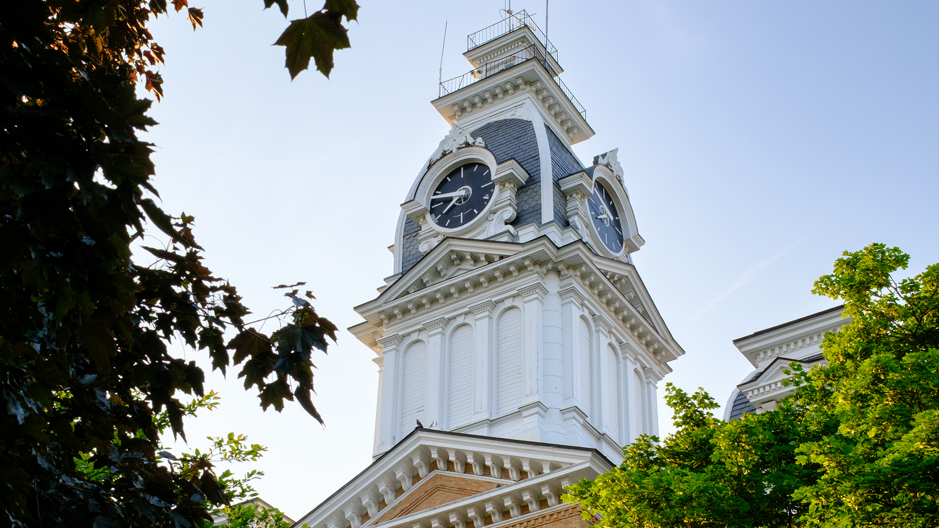 Shot of the Hillsdale College clock tower on Central Hall through the trees in summer.