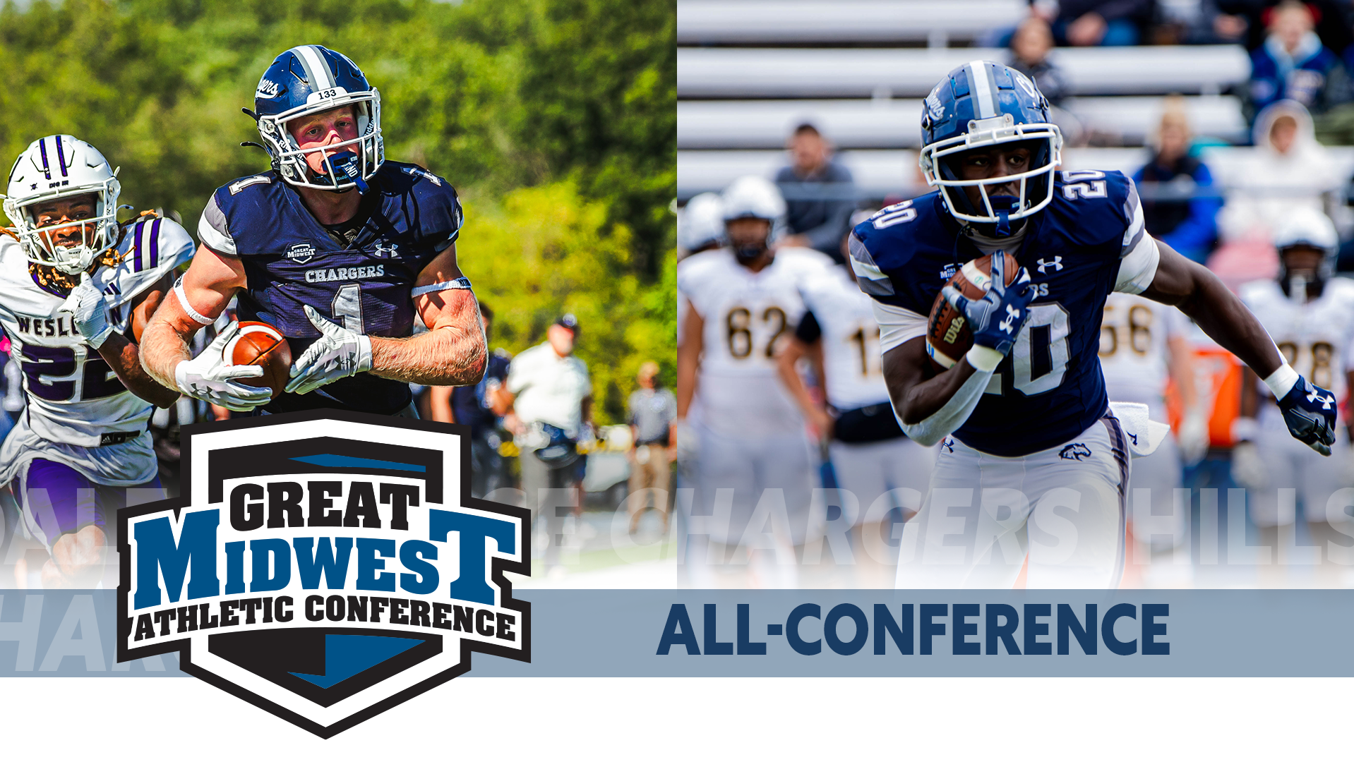 2025 G-MAC Football All-Conference honors -- left, Shea Ruddy, right Ben Ngishu.