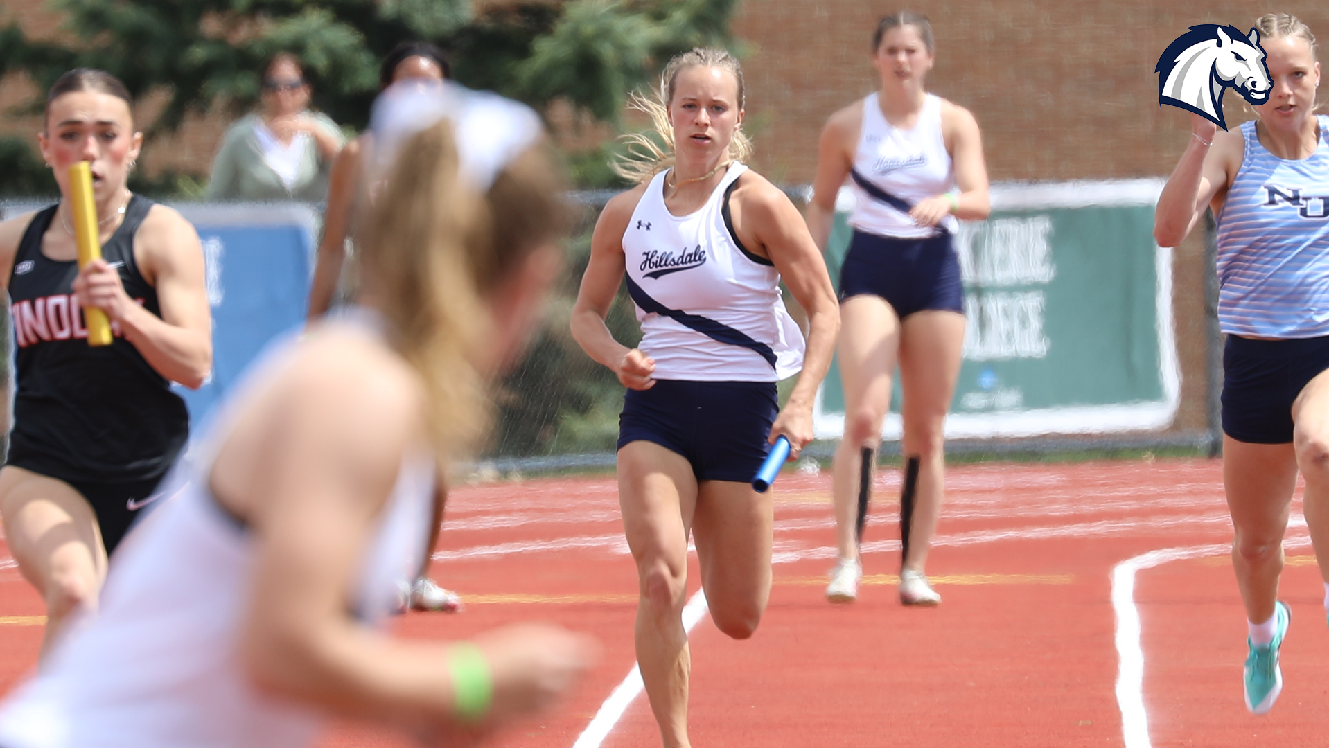 Hillsdale runners compete in the 4x100m relay at the 2025 G-MAC Outdoor Championships in Ashland.