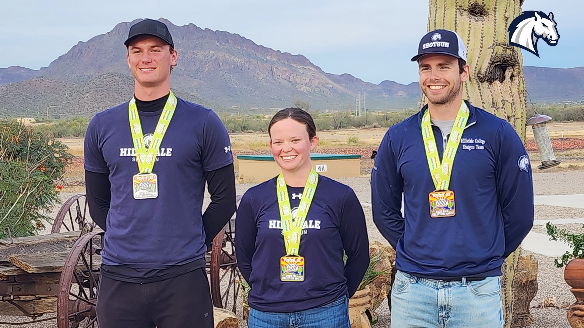 Chargers Shotgun team members (from left) Davis Hay, Madeline Corbin and Kyle Fleck all pose with medals after the USA Shooting 2025 Selection Matches on Nov. 21. 