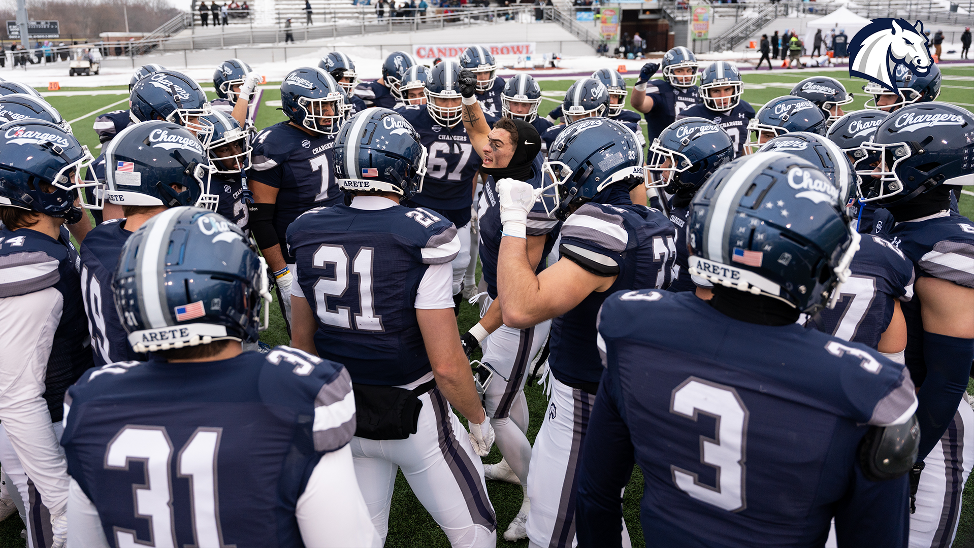 Chargers players huddle up and get motivated before the Albanese Candy Bowl on Dec. 6, 2025 in Hobart, Indiana.