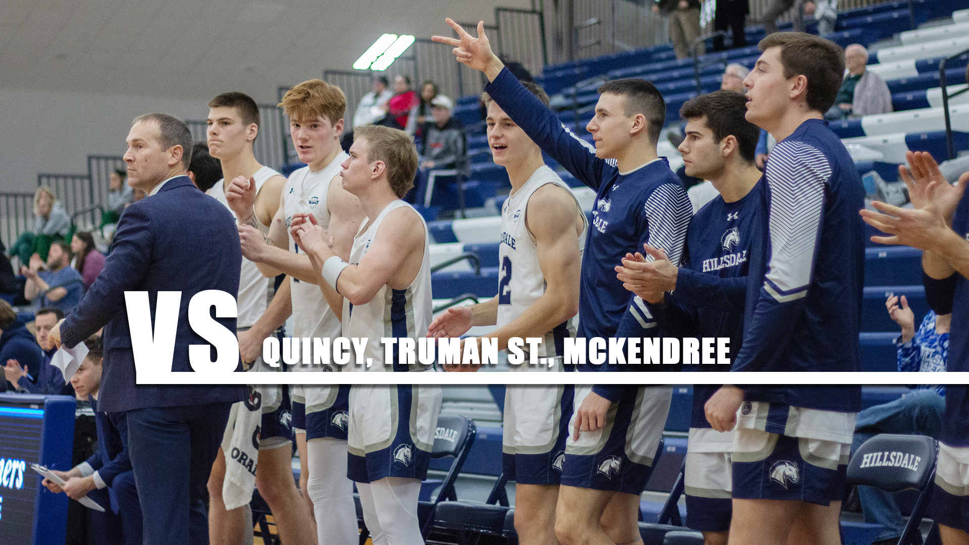 The Hillsdale men's basketball team celebrates a made 3-pointer against Lake Erie on Dec. 6, 2025.