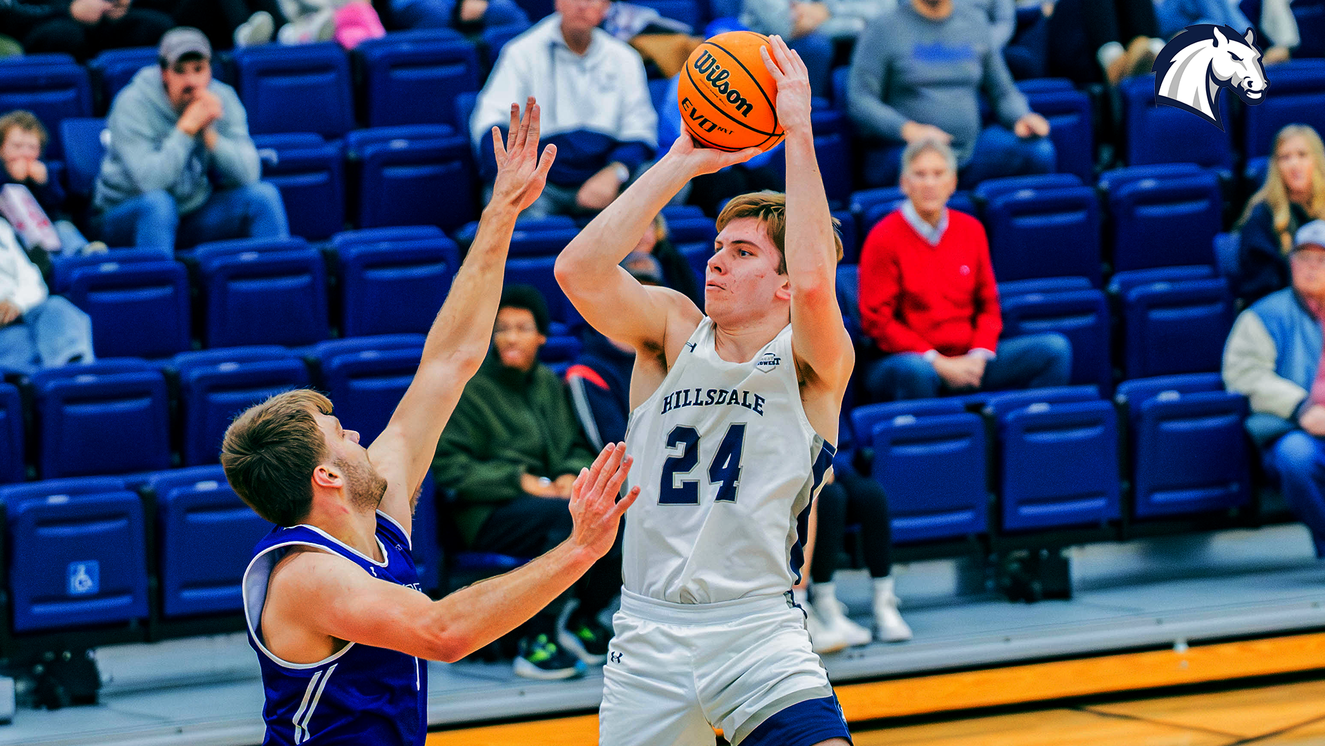 Garrett Bolte shoots a pull-up jumper over a McKendree defender in a home game on Dec. 21, 2025.