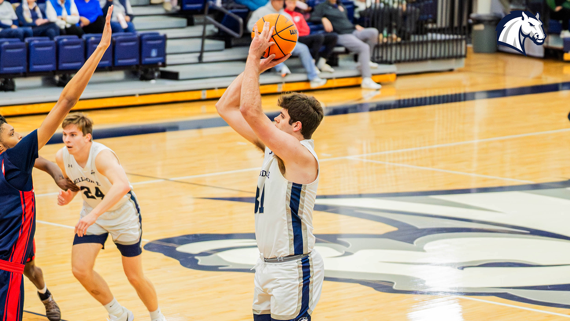 Hillsdale's CJ Yarian shoots a 3-pointer against Saginaw Valley State on Nov. 16, 2025.