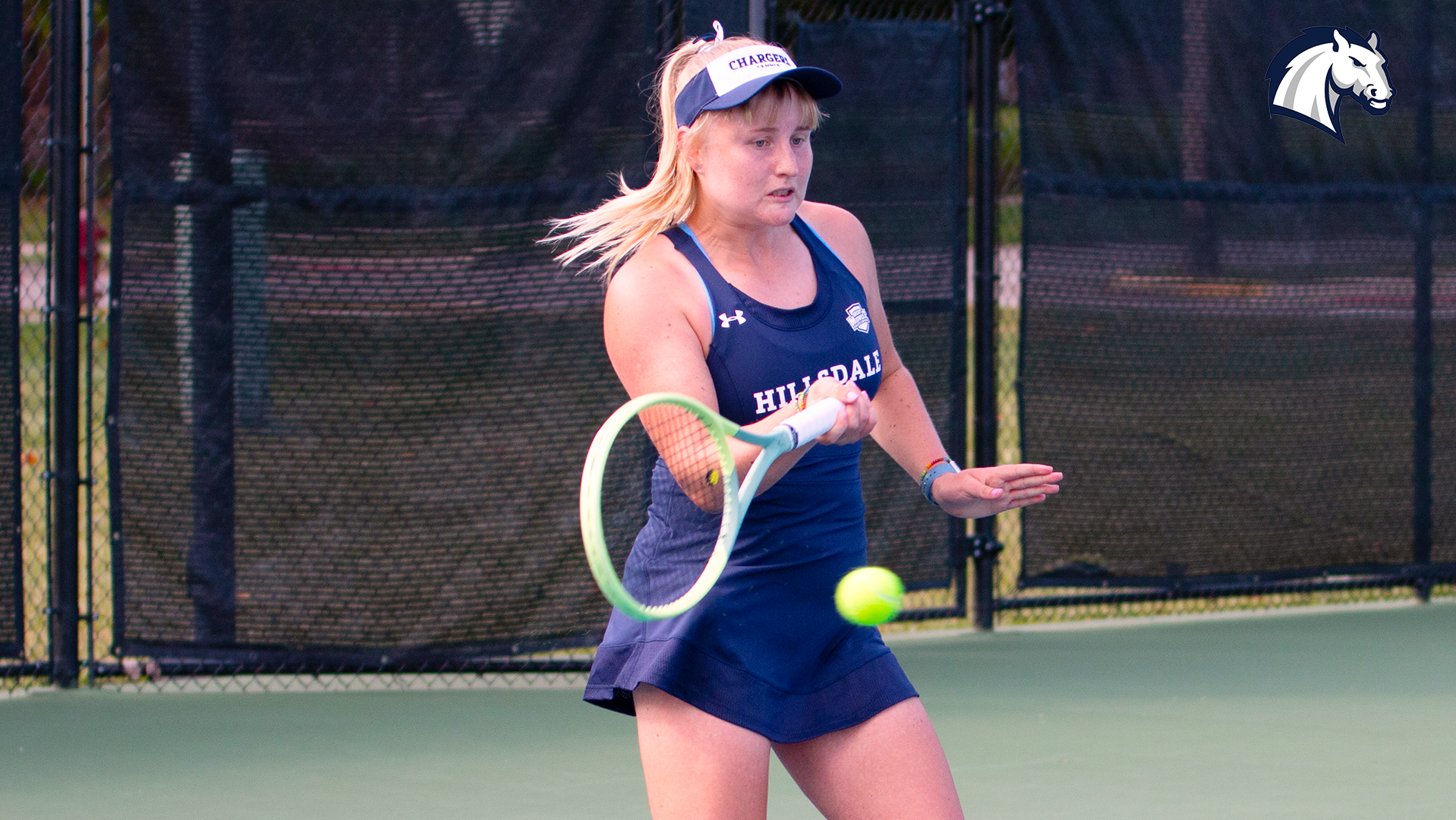 Hillsdale's Ane Dannhauser hits a forehand return during the Chargers' Summer Invitational on Sept. 6, 2025.