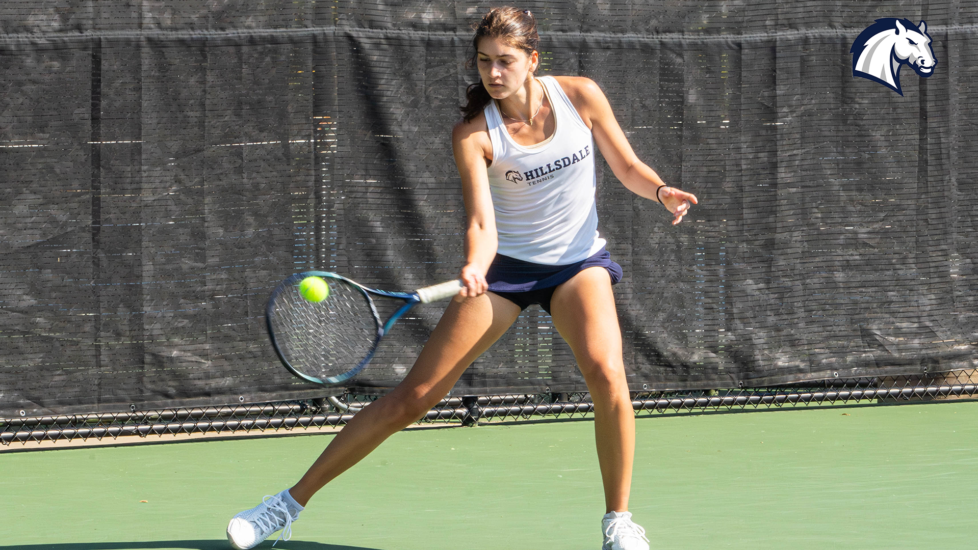 Hillsdale's Julia Zlateva hits a forehand return during the Chargers' Fall Invitational on Sept. 19, 2025.