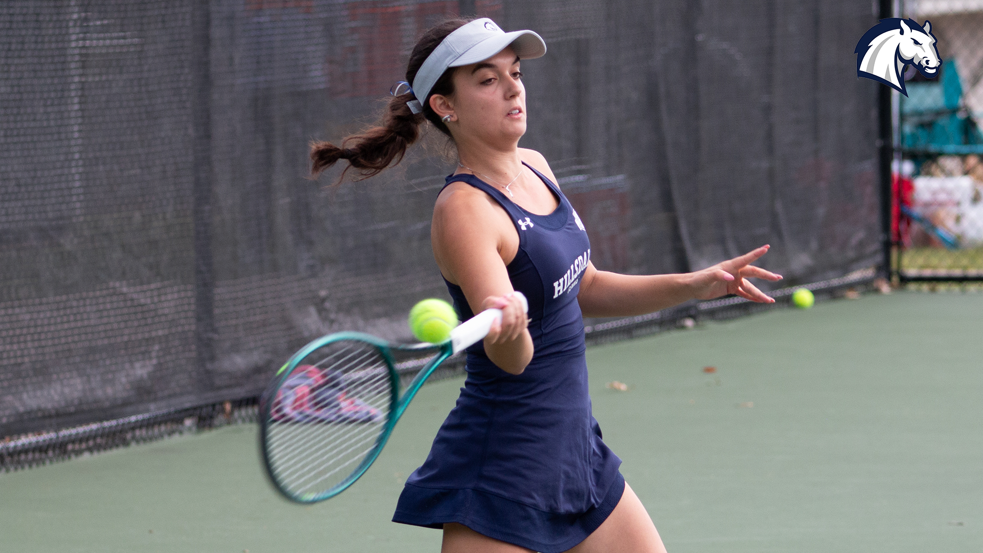 Hillsdale's Dimitra Papastavrou hits a return shot during the Chargers' Summer Invitational on Sept. 6, 2025.
