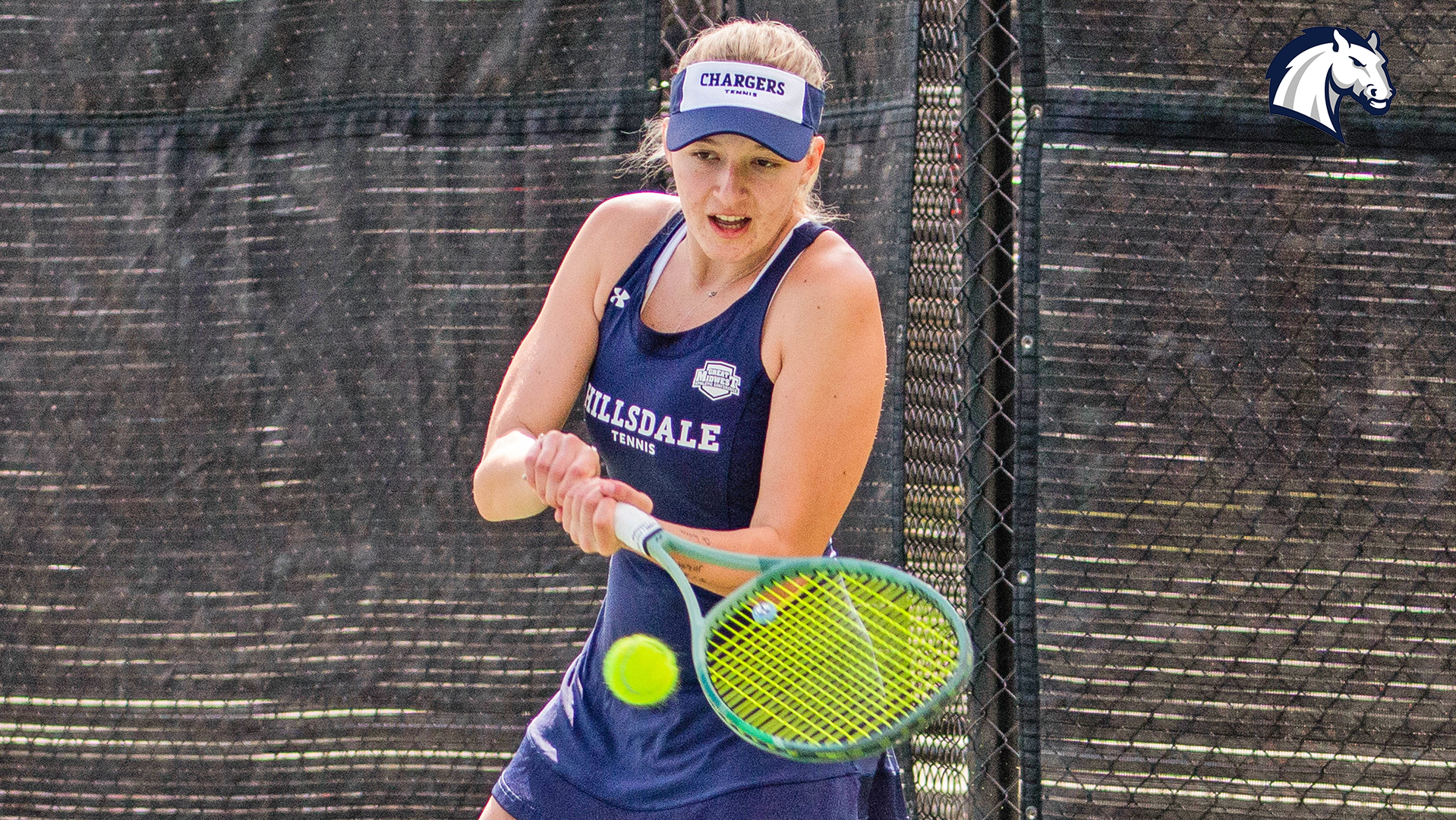 Hillsdale's Emma Palus hits a return shot during the Chargers Summer Invitational in September of 2025.