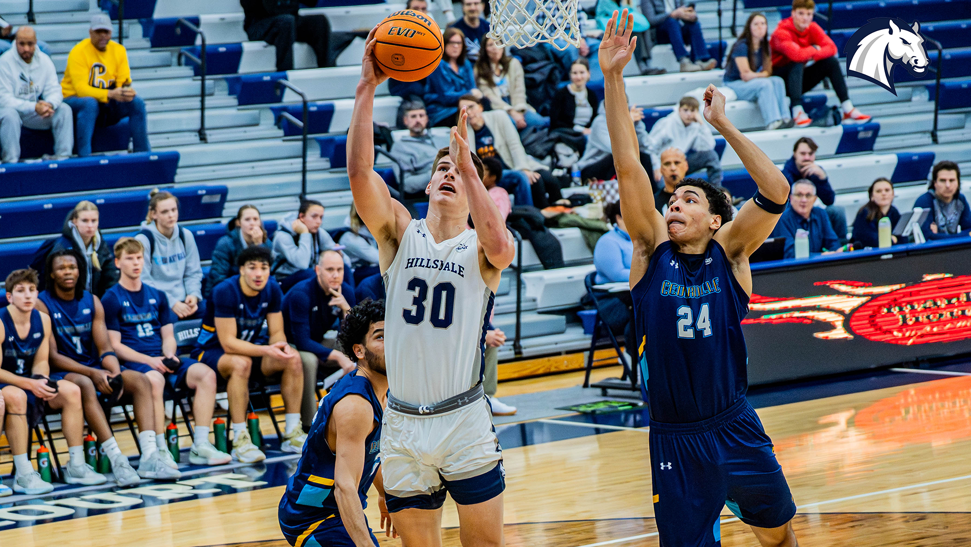 Hillsdale's Connor Stonebraker goes in for a layup against Cedarville on January 15, 2026.