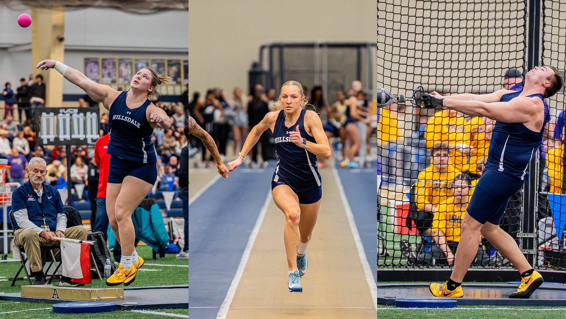 Hillsdale athletes compete at the Al Campbell Invite on Friday, Jan. 16, 2025. From left: Amelia Lutz competes in the shot put; Anna Roessner competes in the 60m dash; Ben Haas competes in the weight throw.