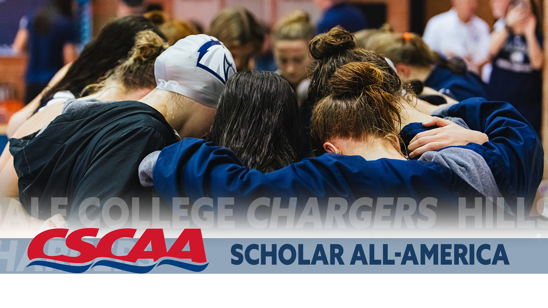 The Hillsdale College women's swimming and diving team huddles up before a home meet on Nov. 8, 2025