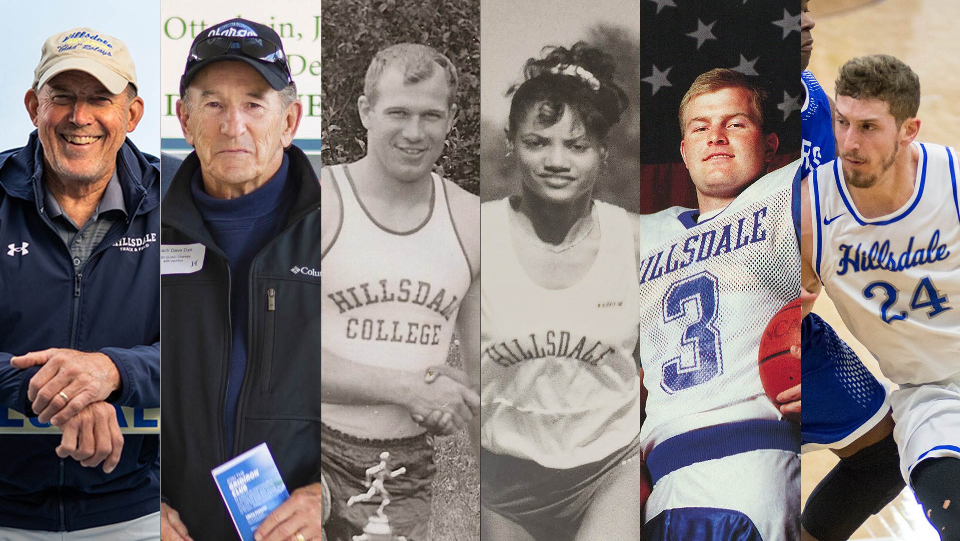 The 2026 Hillsdale College Athletic Hall of Fame class, from left: Bill Lundberg, Dave Dye, Larry Covey, Danielle (Butler) Cole, Scott Elwer, Kyle Cooper