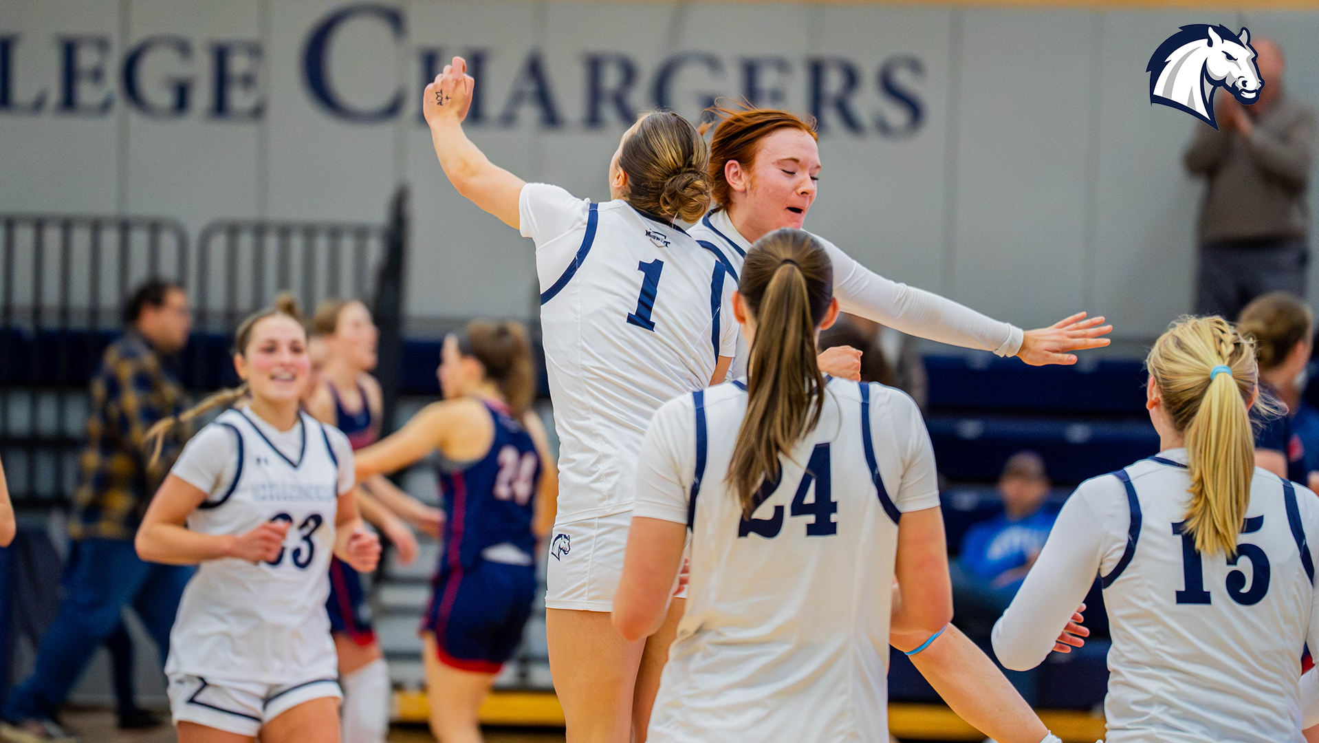 Hillsdale's Payton Adkins (1) and Emma Ruhlman (right) celebrate after a home victory over #19 Malone on January 3, 2026.
