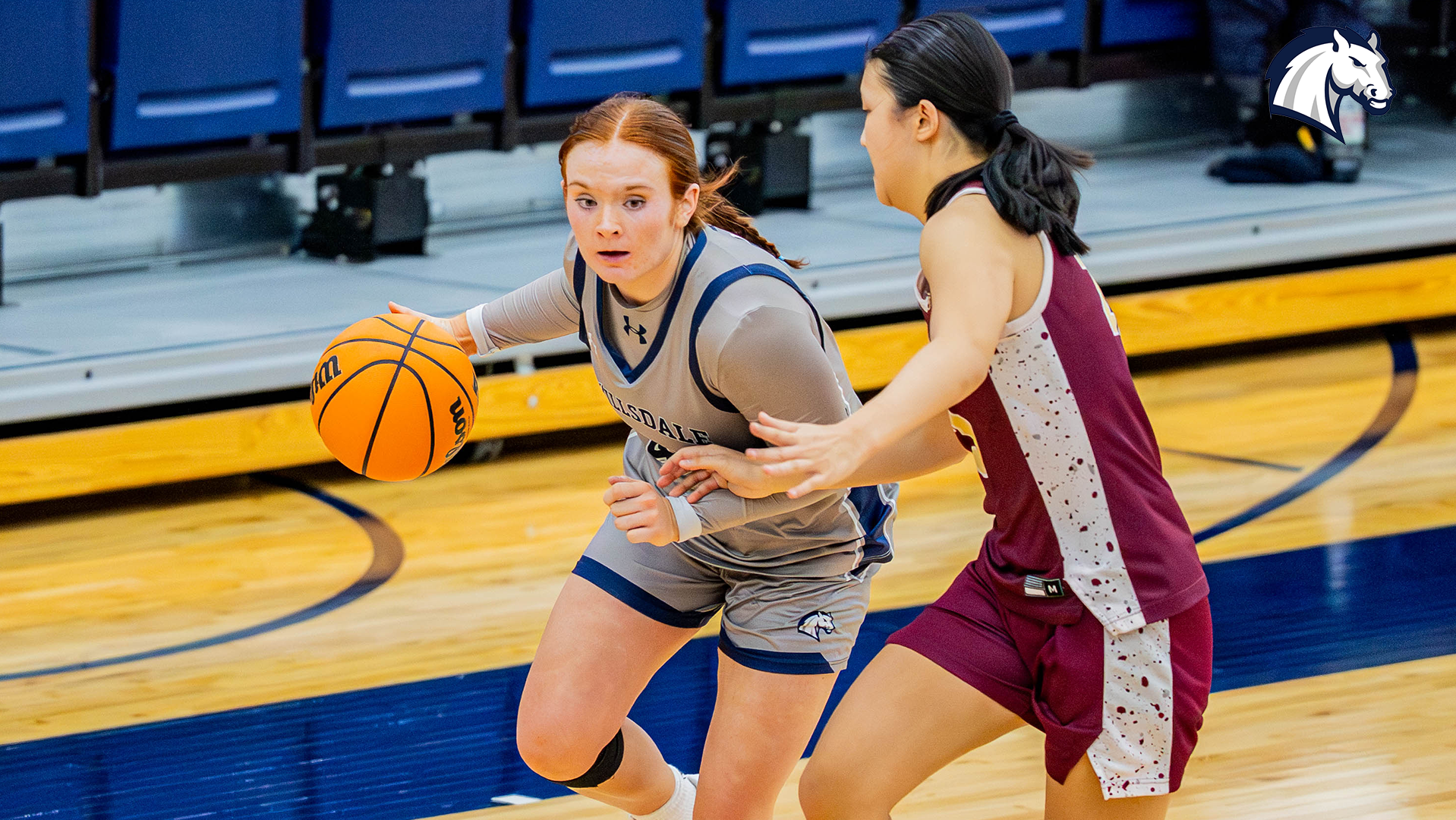 Hillsdale's Emma Ruhlman tries to drive past a Walsh defender during a game on January 5, 2026.