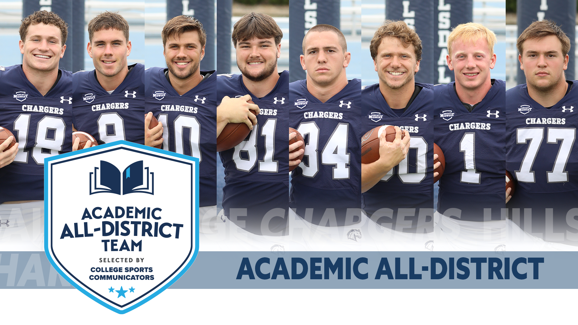 2025 CSC Academic All-District honorees for football: from left, Tutt Carrico, Jonah Jensen, Aidan Kowatch, Noah Larrick, Luke Penola, Kyle Riffel, Shea Ruddy, Ryan Strasser.